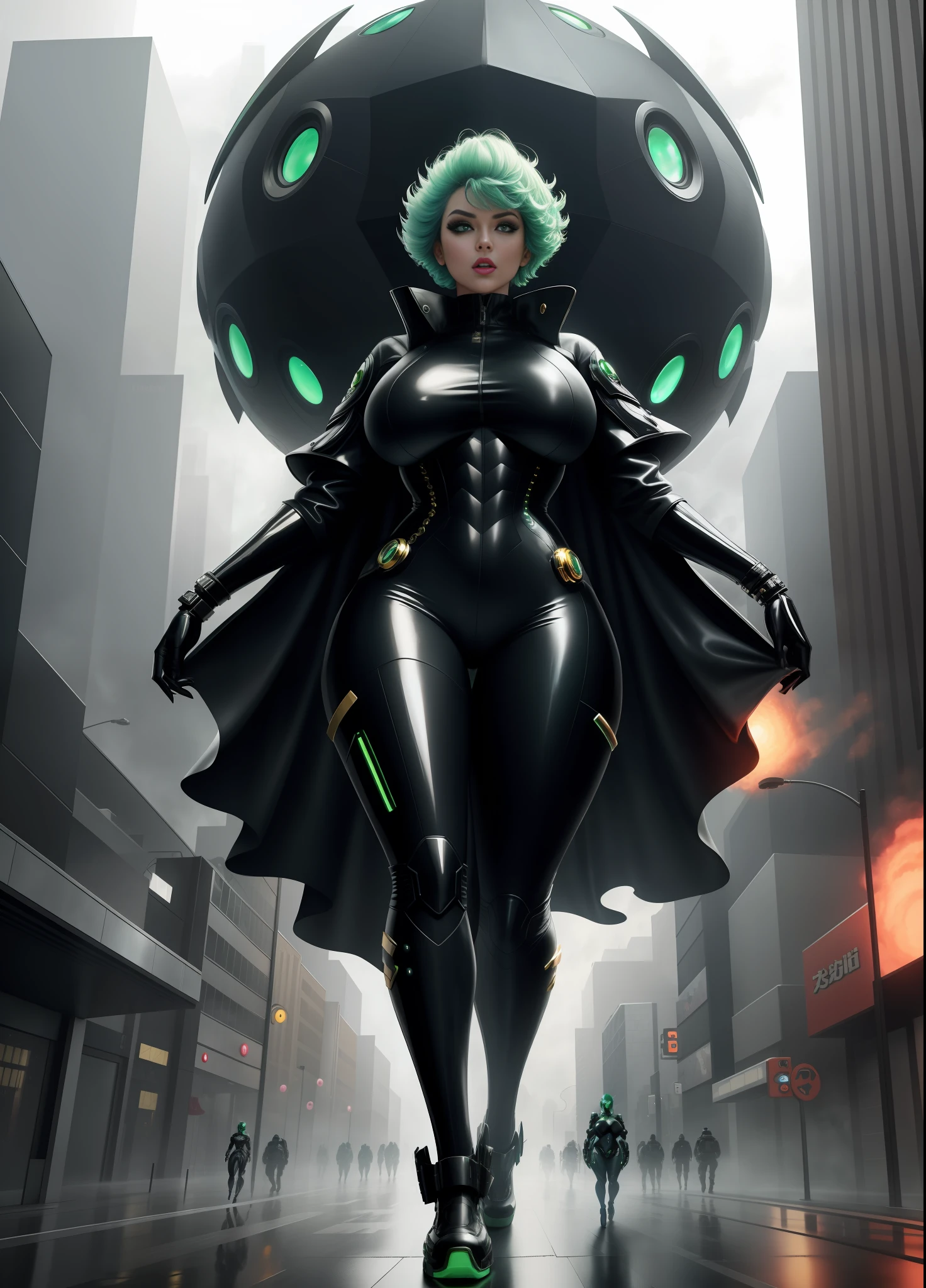 full body photo, 1 Woman transformed into a humanoid mutant Monster, immensely large breasts, futuristic shoe, expressively evil look, futuristic all black alien outfit with golden details with scales, short green hair, blue alien eyes, heavy makeup on the face, posing, city scene being attacked by alien ships exploding the buildings with heavy rain, she has her body and hair soaked, high detail, Futurism, anime, cowboy shot, 16k, UHD, masterpiece, ccurate, anatomically correct, super detail, award winning, highres