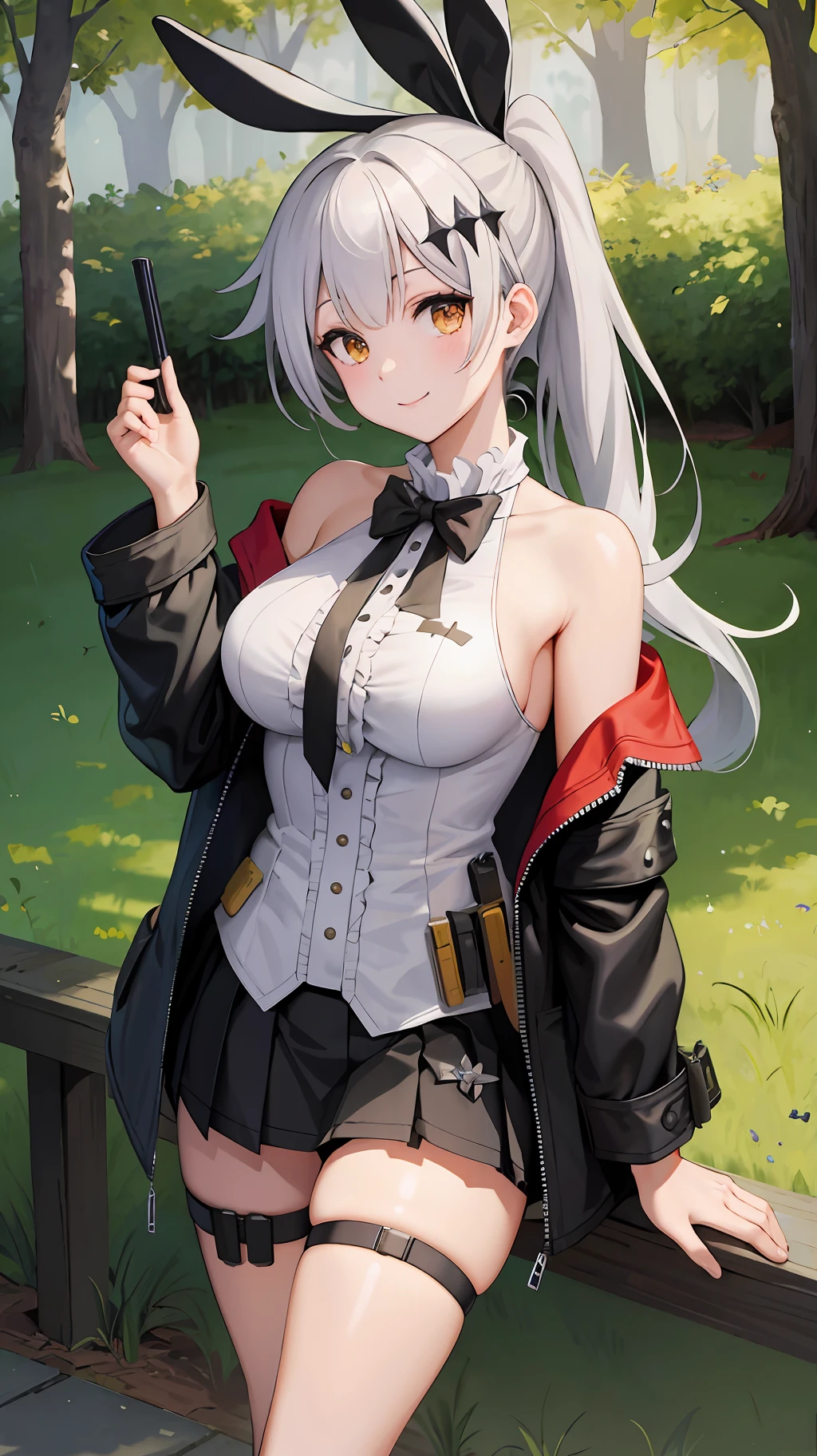 (masterpiece), (best quality), ((high resolution)), fiveseven, 1girl, long ponytail, (black pleated skirt: 1.2), (thigh strap, skin dentation), smile, wool black jacket off the shoulder, (big breasts: 1.3), forest