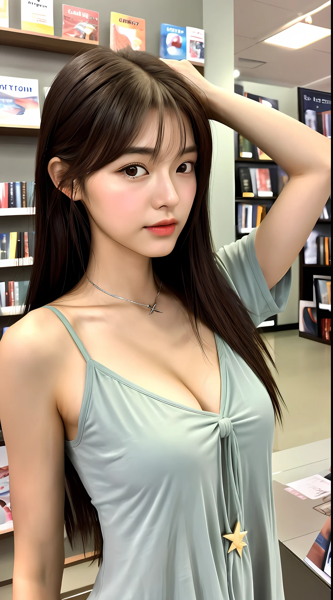realistic photos of (1 cute Korean star) tying her hair, thin makeup, medium breasts size, camisole, at the bookstore, clear facial features of Canon EOS, 8K high resolution, sharp and realistic details.