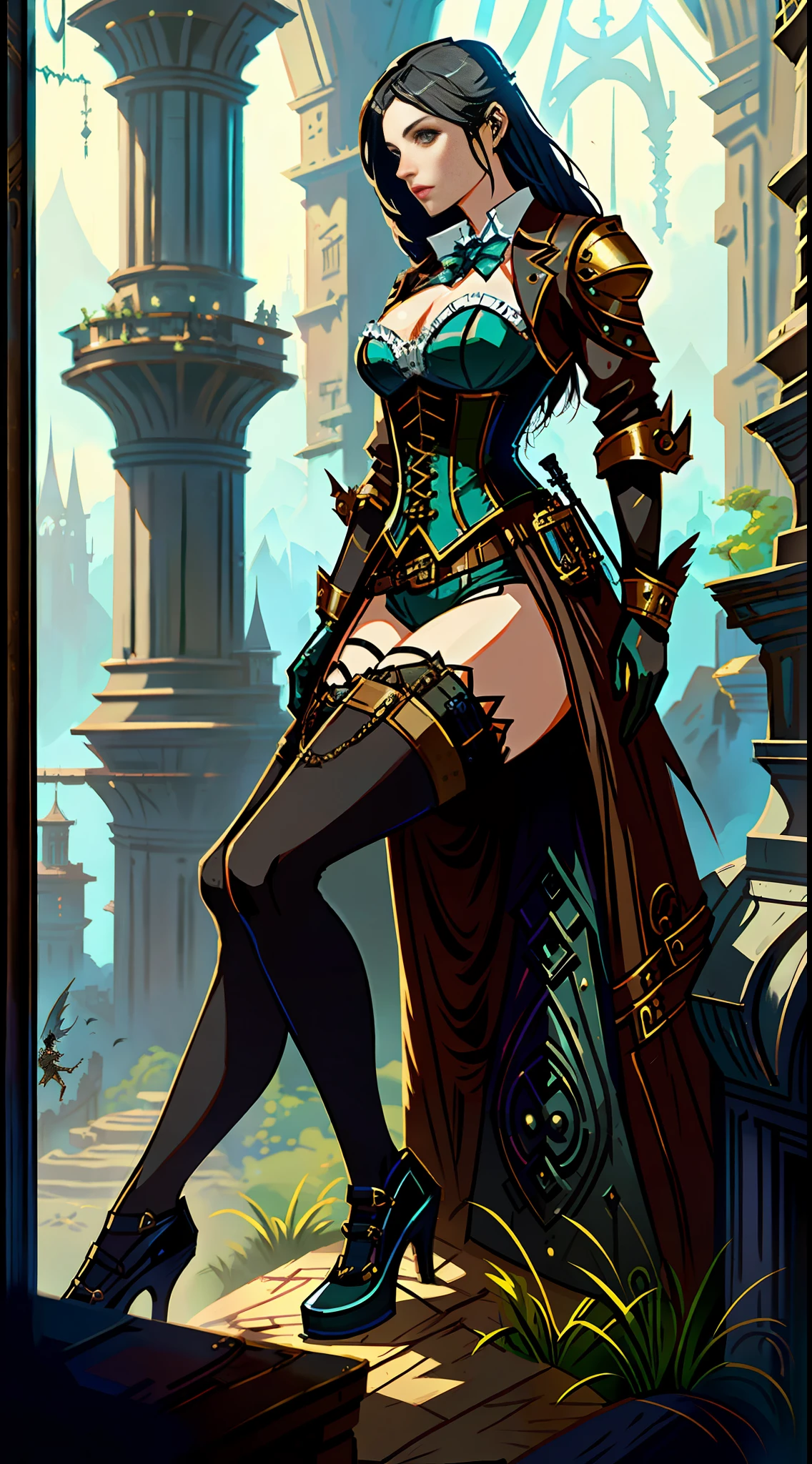 Beautiful woman in fantasy clothes, beautiful figure, corset, stockings, fantasy scene, steampunk elements, steampunk in clothes, like Greg Rutkowski illustration, drawing in the style of Greg Rutkowski