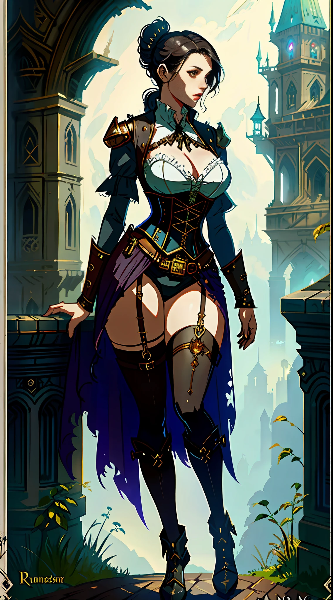 Beautiful woman in fantasy clothes, beautiful figure, corset, stockings, fantasy scene, steampunk elements, steampunk in clothes, like Greg Rutkowski illustration, drawing in the style of Greg Rutkowski