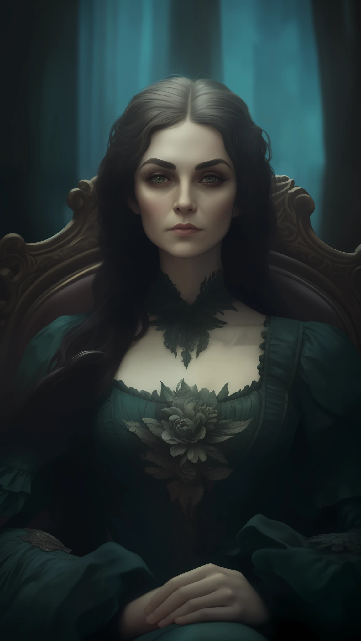 a closeup of a woman in a green dress sitting in a chair, Victorian art fantasy, elegant cinematic fantasy art, dark fantasy style art, fantasy portrait art, epic fantasy art portrait, fantasy art portrait, fantasy concept art portrait, highly detailed 4k digital art, gothic fantasy art, 4k fantasy art, mesmer seductive woman, Dark fantasy portrait, serious facial expression, serious eyebrows