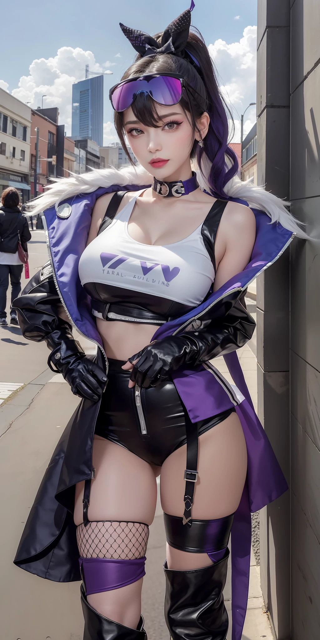 SilverWolfV4, gloves, hair between eyes, jewelry,purple black  jacket, earrings, black gloves, fishnets, purple black fingerless gloves, sunglasses, eyewear on head,  ((white ponytail, hair bow, drill hair, ))white tank tight top,
(masterpiece, top quality, best quality, official art, beautiful and aesthetic:1.2), (1 girl), extreme detailed,  colorful, highest detailed,
(huge breasts:1.2,) upper body, from below,  cameltoe, 
city,street, leaning,  wall, sun, cloud,