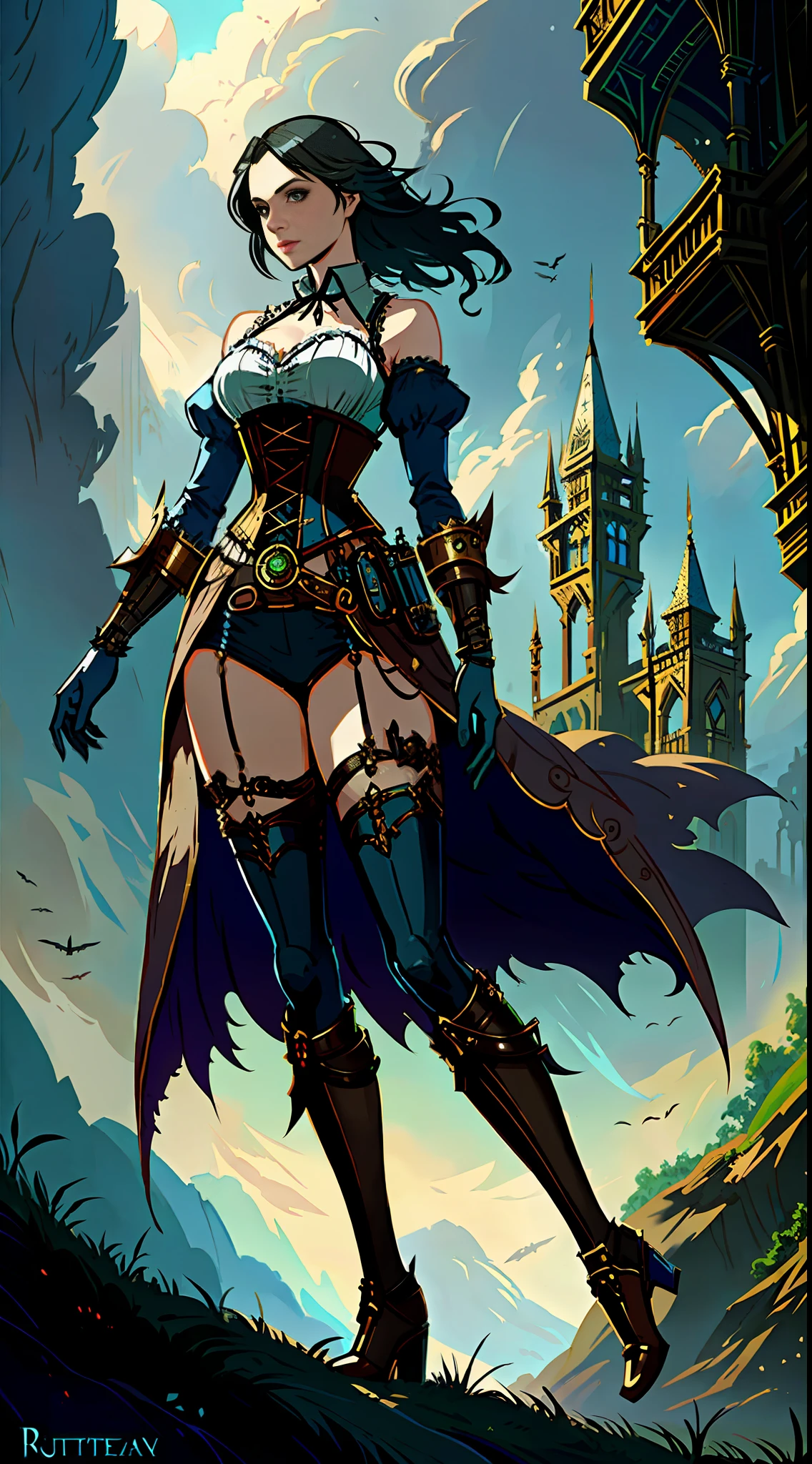 Beautiful woman in fantasy clothes, beautiful figure, corset, stockings, fantasy scene, steampunk elements, steampunk in clothes, like Greg Rutkowski illustration, drawing in the style of Greg Rutkowski