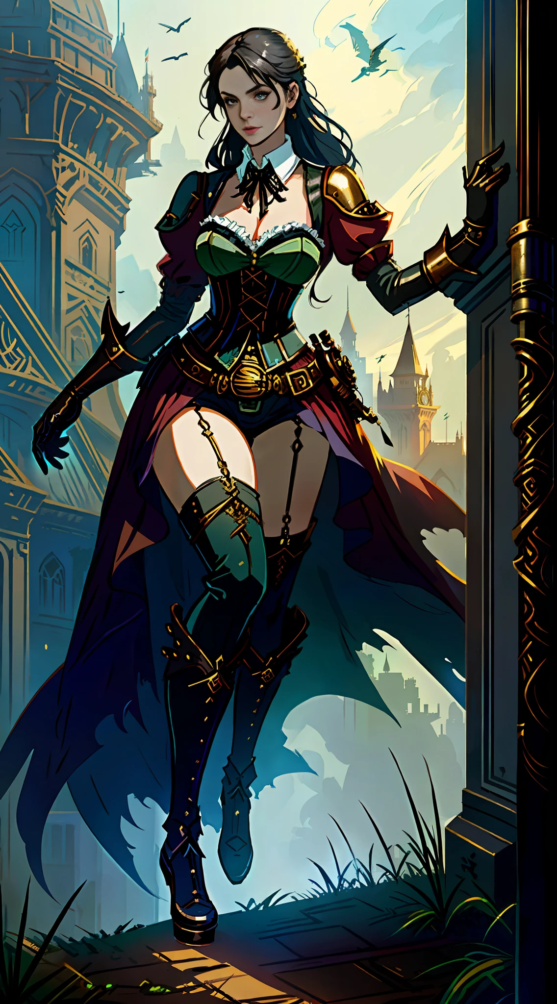 Beautiful woman in fantasy clothes, beautiful figure, corset, stockings, fantasy scene, steampunk elements, steampunk in clothes, like Greg Rutkowski illustration, drawing in the style of Greg Rutkowski