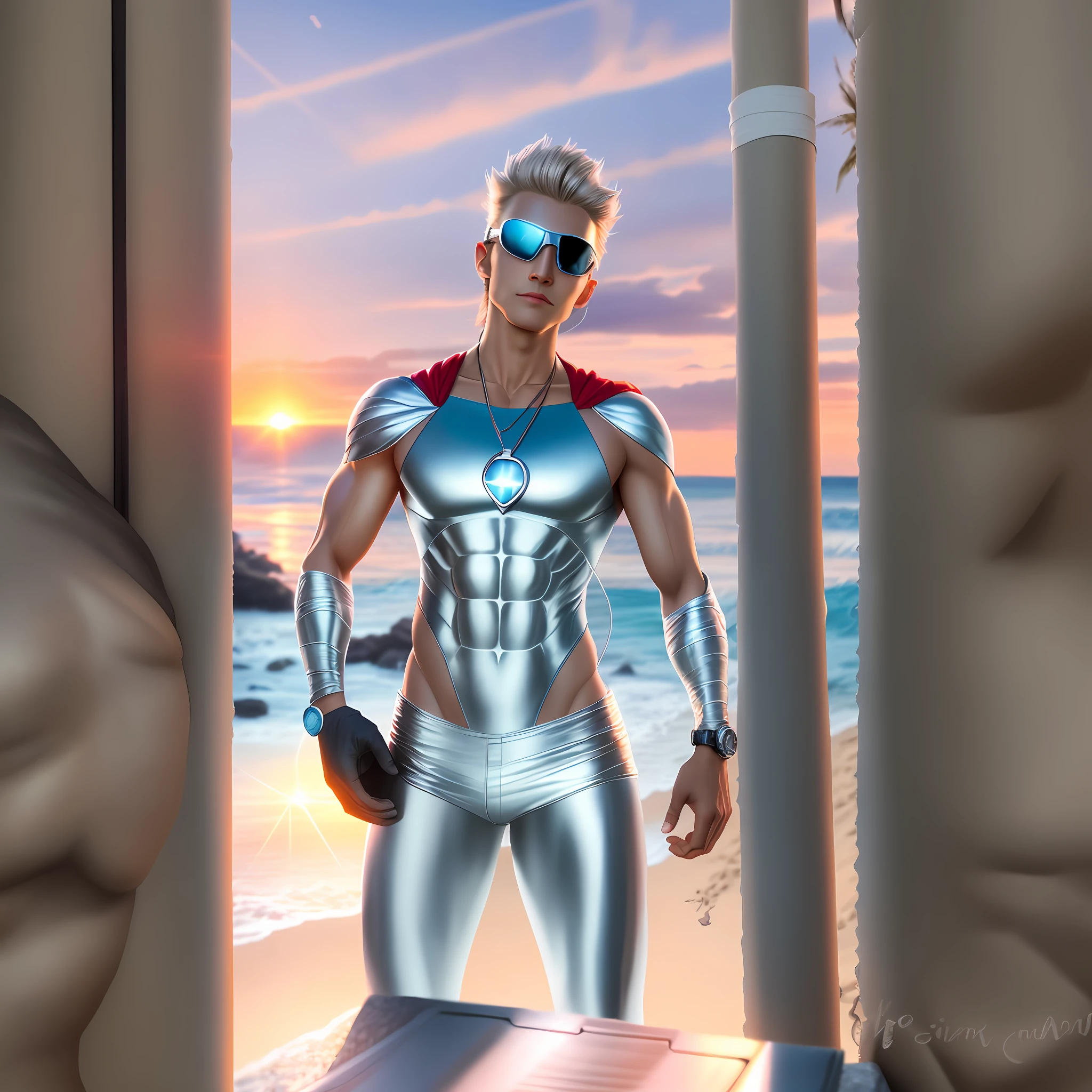 Improve skin, nothing exaggerated, athletic body, realistic skin, wearing superhero cape and a sunglasses. Background a beach with sunset.  Wearing shiny silver necklace with a shiny silver watch.  Wearing a beach sunga in the color that is in the photo.
