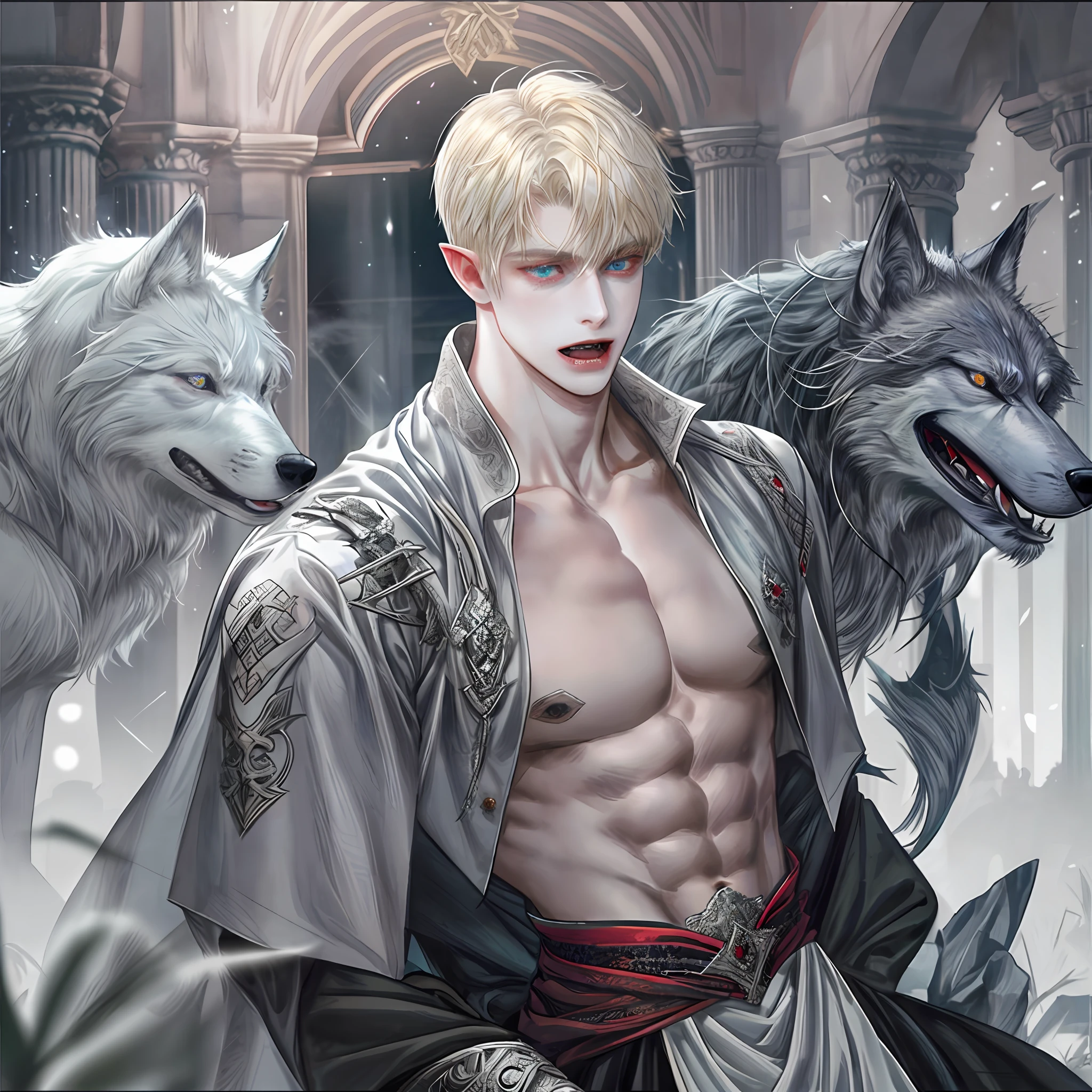 1 male, handsome, pale skinned, wolf ears, (24-year-old male figure), royal, light blonde hair (low hair), 1 blue eye, 1 red eye, open mouth (see sharp fangs), elf ears, waiting for a wolf tattoo on the left chest, nude, with a six-pack, muscles, background detail, castle, silver forest ma, dark black smoke vapor, evil power