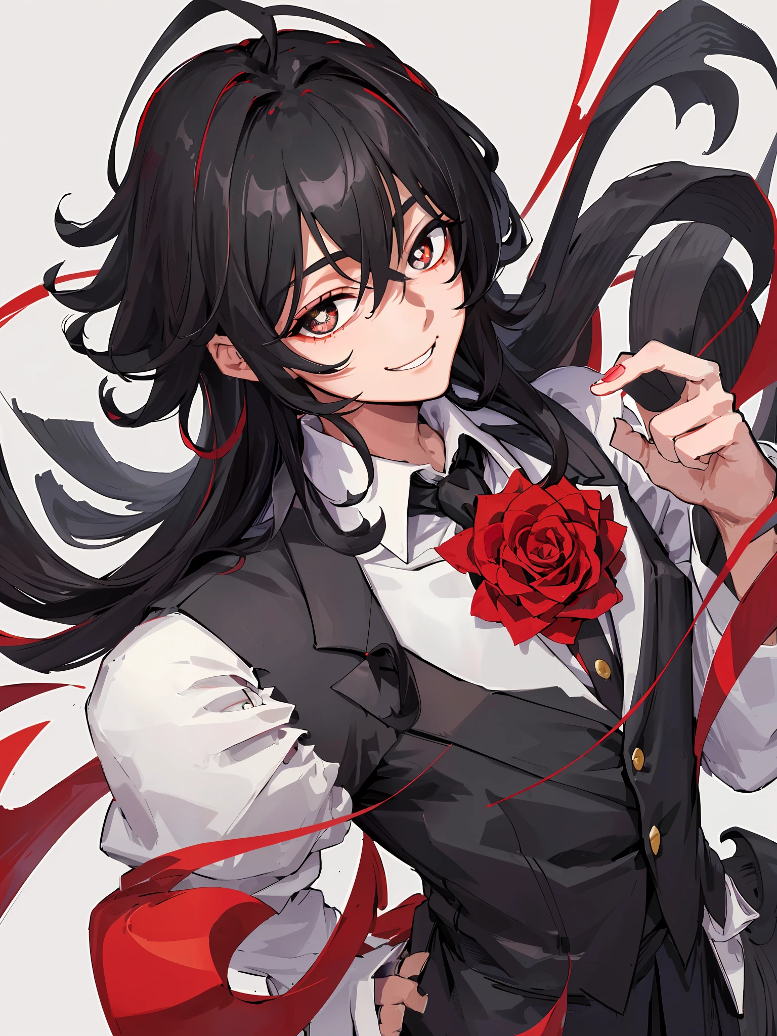((highest quality, masterpiece, 4k, detailed eyes, detailed face)), ((solo)), 1 male, handsome, masculine, adult male, broad shoulders, closeup of face, ((black chin hair)), portrait, grinning with fangs, looking at viewer, ((lazy eyes, half-lidded, tired eyes, eyebags under eyes, black eyes with white pupils)), in a sleek tuxedo, holding a beautiful rose with a delightful smile on his face., standing, hand out hold rose to viewer, ((black hair, medium length hair, shaggy hairstyle, messy hair)), devil tail