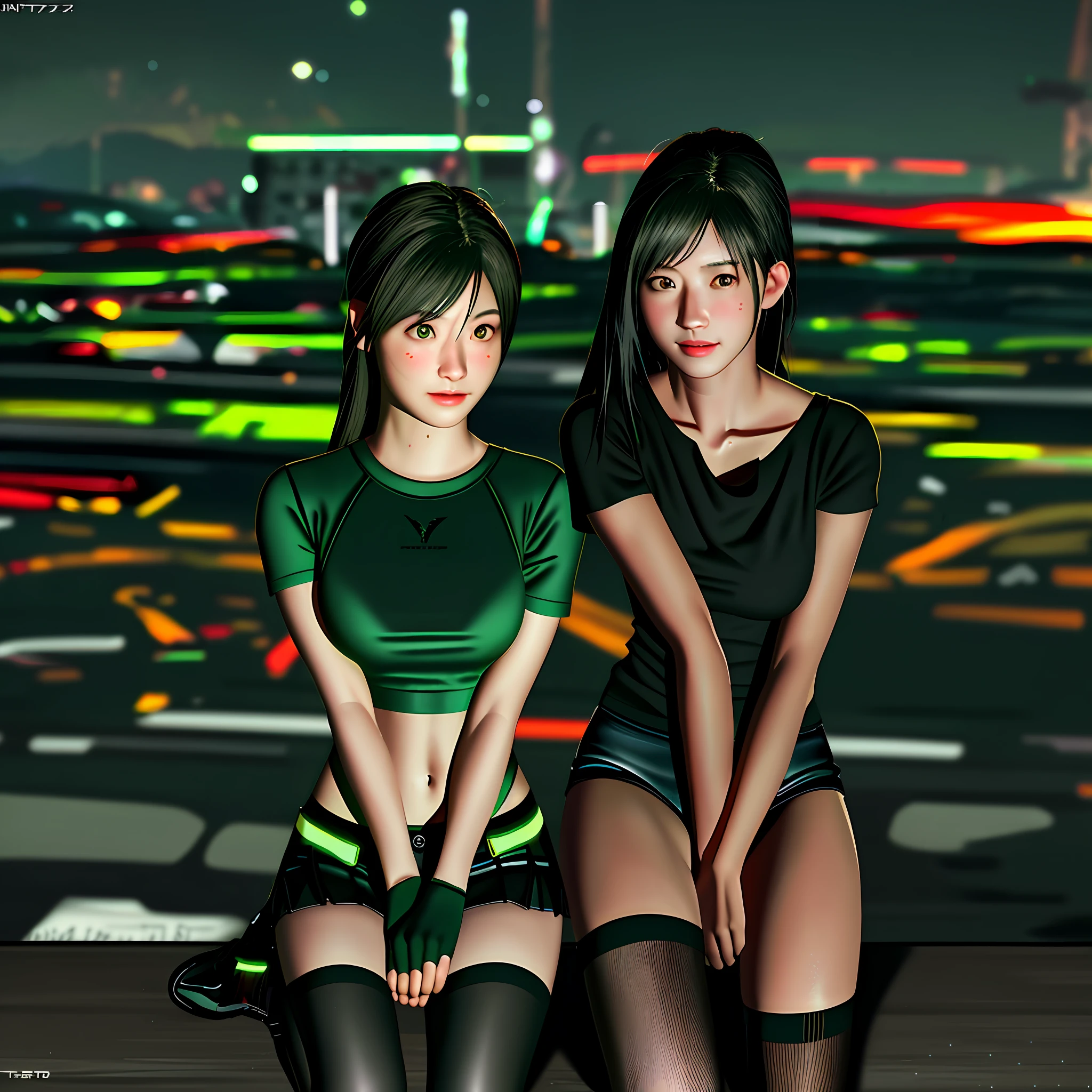 (8k, best quality, masterpiece:1.2), (realistic, photo-realistic:1.37), ultra-detailed,
1 girl,cute, solo, (tifa lockhart), (big breasts),(beautiful detailed eyes), (smile:1.2), (closed mouth), arms behind back,
neon lights, cityscape, depth of field, dark intense shadows, sharp focus, cars, motion blur, motor bikes, depth of field, good composition, green glowing light,
Final Fantasy VII, dating,(nose blush), single elbow pad, black hair, red shoes, muscular,abs,taut shirt,no bra,black skirt, thighhighs, full body, head rest, lips, pretty face, low-tied long hair, ((red_eyes)), yellow flowers, (night:1.3), intricate, bokeh, cinematic lighting, photon mapping, radiosity, physically-based rendering, (Tetsuya Nomura style)