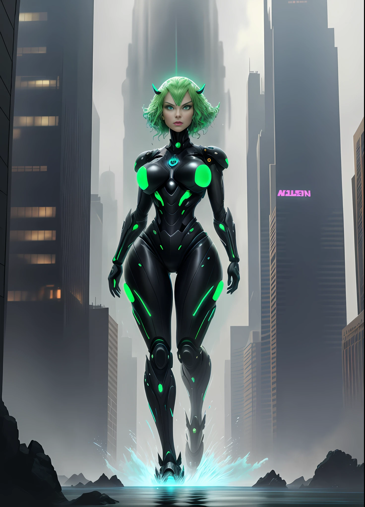 full body photo, 1 Woman transformed into a humanoid mutant alien, immensely large breasts, futuristic shoe, expressively evil look, futuristic all-black alien outfit with golden details, with scales on the chest, short green hair, blue eyes, light makeup on the face, exhibitionist, scenery of the city being attacked by alien ships exploding the buildings with heavy rain, her body and hair soaked in water, Futurism, anime,16k, UHD, masterpiece, ccurate, anatomically, super detail, award winning, highres