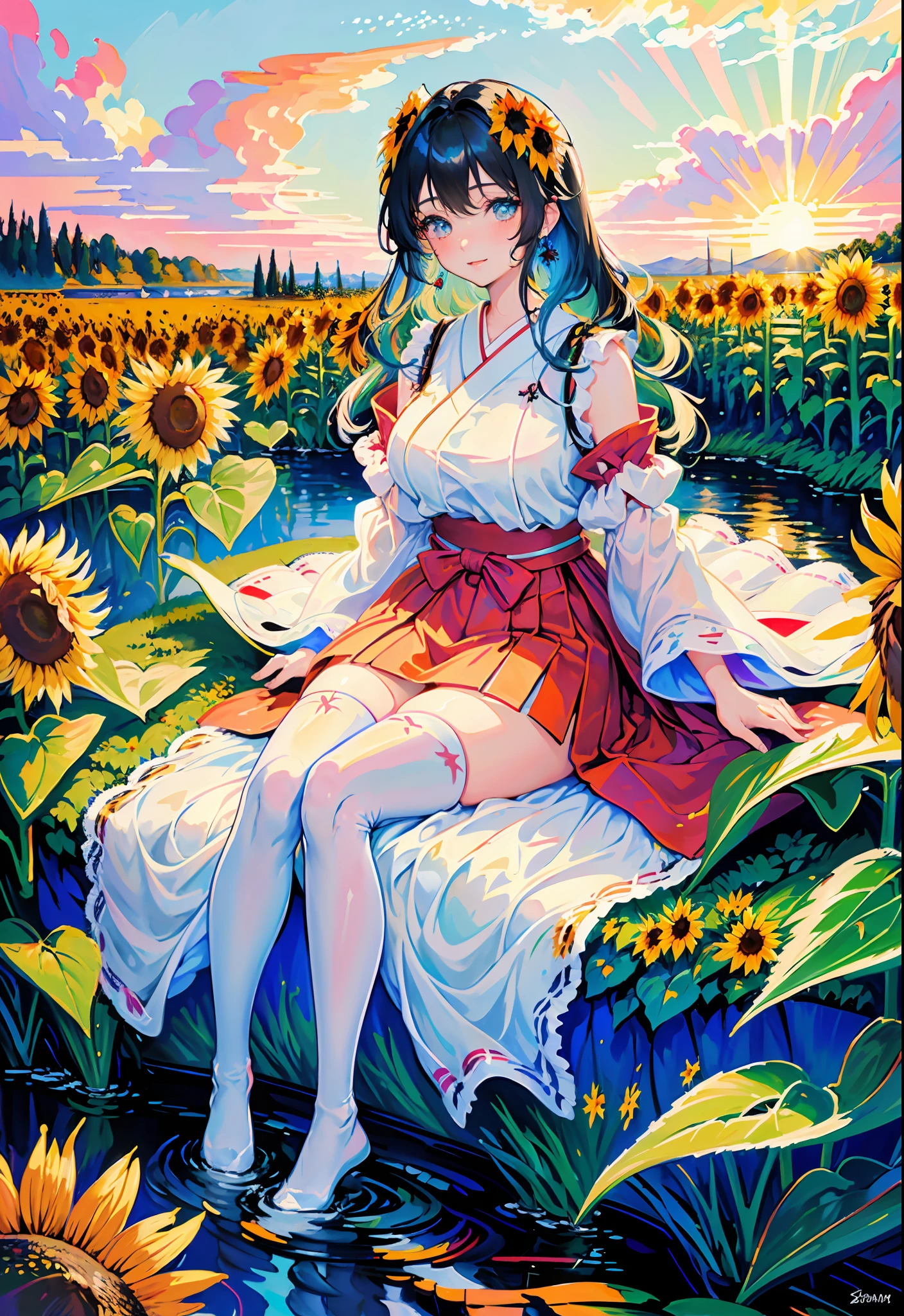 masterpiece, best quality, official art, extremely detailed CG unity 8k wallpaper, highly detailed, absurdres, shiny skin, Depth of field
BREAK
1 girl, huge breasts, sitting, serene expression, mesmerizing eyes, (sky blue hair), straight long hair, flowing dress, poised posture, porcelain skin, subtle blush, crystal pendant, (cute pose), zooming out, Naughty smile,
BREAK
(rim lighting):1.2, warm tones, soft shadows, vibrant colors, painterly effect, dreamy atmosphere, (((red and white Japanese clothes))),
BREAK
((an extremely delicate and beautiful)), floating, (detailed light), nature, (sunlight), ((see-through white thighhighs without shoes)),
BREAK
(((outdoor, sunset, tall sunflower field, river))), savanna,
BREAK
ribbon, ribbon trim, drop earrings, stud earrings, hairclip,