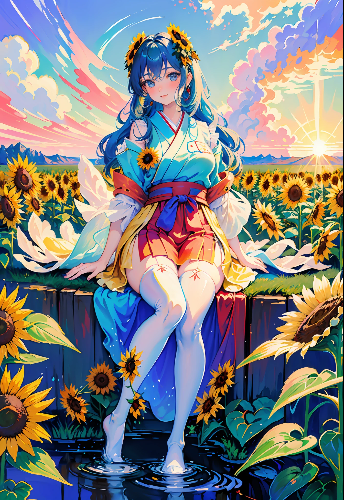 masterpiece, best quality, official art, extremely detailed CG unity 8k wallpaper, highly detailed, absurdres, shiny skin, Depth of field
BREAK
1 girl, huge breasts, sitting, serene expression, mesmerizing eyes, (sky blue hair), straight long hair, flowing dress, poised posture, porcelain skin, subtle blush, crystal pendant, (cute pose), zooming out, Naughty smile,
BREAK
(rim lighting):1.2, warm tones, soft shadows, vibrant colors, painterly effect, dreamy atmosphere, (((red and white Japanese clothes))),
BREAK
((an extremely delicate and beautiful)), floating, (detailed light), nature, (sunlight), ((see-through white thighhighs without shoes)),
BREAK
(((outdoor, sunset, tall sunflower field, river))), savanna,
BREAK
ribbon, ribbon trim, drop earrings, stud earrings, hairclip,