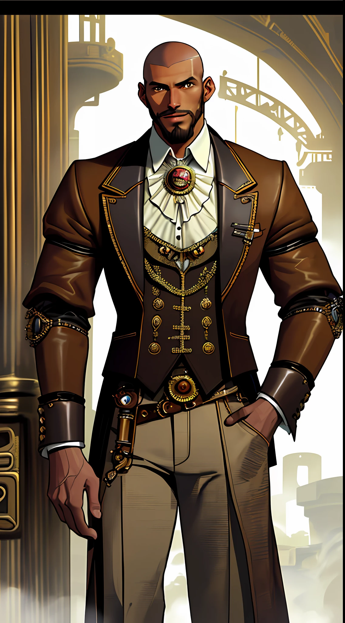 A man, brown skinned, Latino, 32 years old, shaved head, short beard, aristocratic clothes, steam punk. ((1 male), (brown skin:1.3), (Latin:1.3), (32 years old), (shaved head), (short beard), (aristocratic clothes), (steam punk)), (securing a beautiful, lightning-bolted cane)
