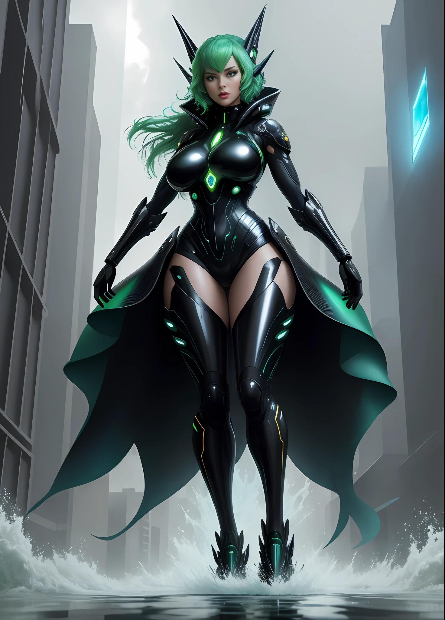 full body photo, 1 Woman transformed into a humanoid mutant alien, immensely large breasts, futuristic shoe, expressively evil look, futuristic all-black alien outfit with golden details, with scales on the chest, short green hair, blue eyes, light makeup on the face, exhibitionist, scenery of the city being attacked by alien ships exploding the buildings with heavy rain, her body and hair soaked in water, Futurism, anime,16k, UHD, masterpiece, ccurate, anatomically, super detail, award winning, highres