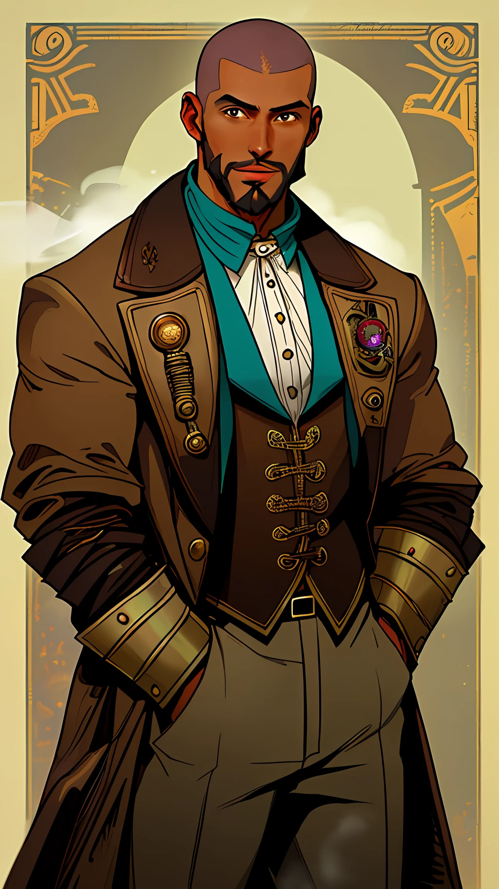 A man, brown skinned, Latino, 32 years old, shaved head, short beard, aristocratic clothes, steam punk. ((1 male), (brown skin:1.3), (latino:1.3), (32 years old), (shaved head), (short beard), (aristocratic clothes), (steam punk))
