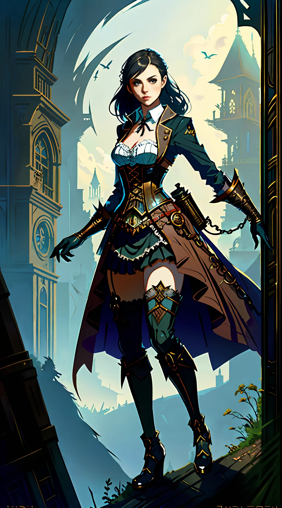 Beautiful woman in fantasy clothes, beautiful figure, corset, stockings, fantasy scene, steampunk elements, steampunk in clothes, like Greg Rutkowski illustration, drawing in the style of Greg Rutkowski
