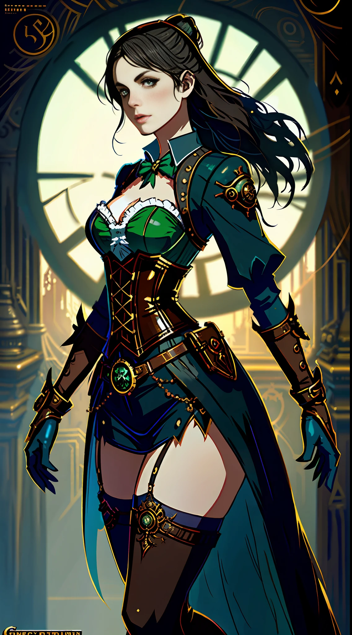 Beautiful woman in fantasy clothes, beautiful figure, corset, stockings, fantasy scene, steampunk elements, steampunk in clothes, like Greg Rutkowski illustration, drawing in the style of Greg Rutkowski