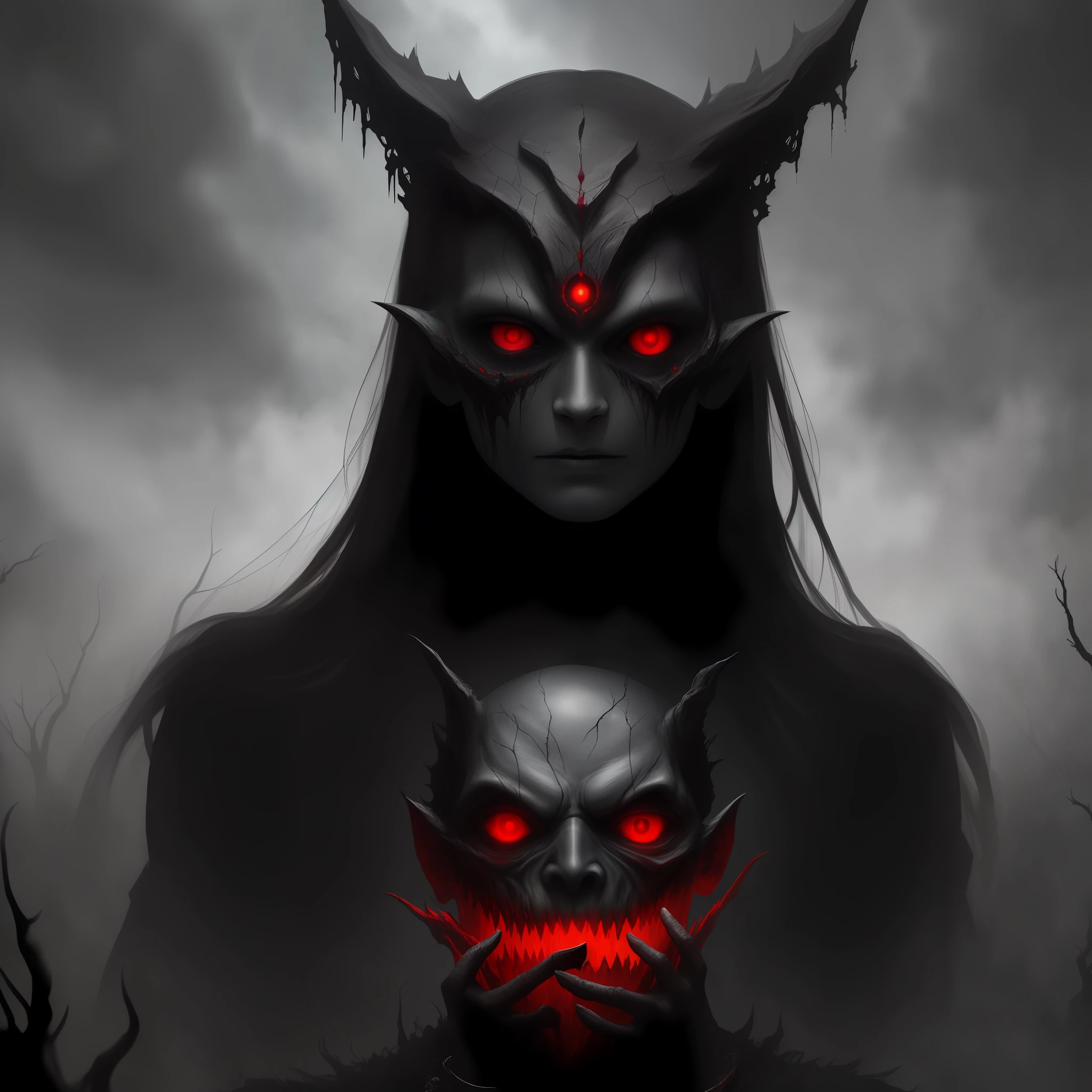 a dark creature with red eyes, mist, horror, Cosmic Horror, high quality, masterpiece, scary