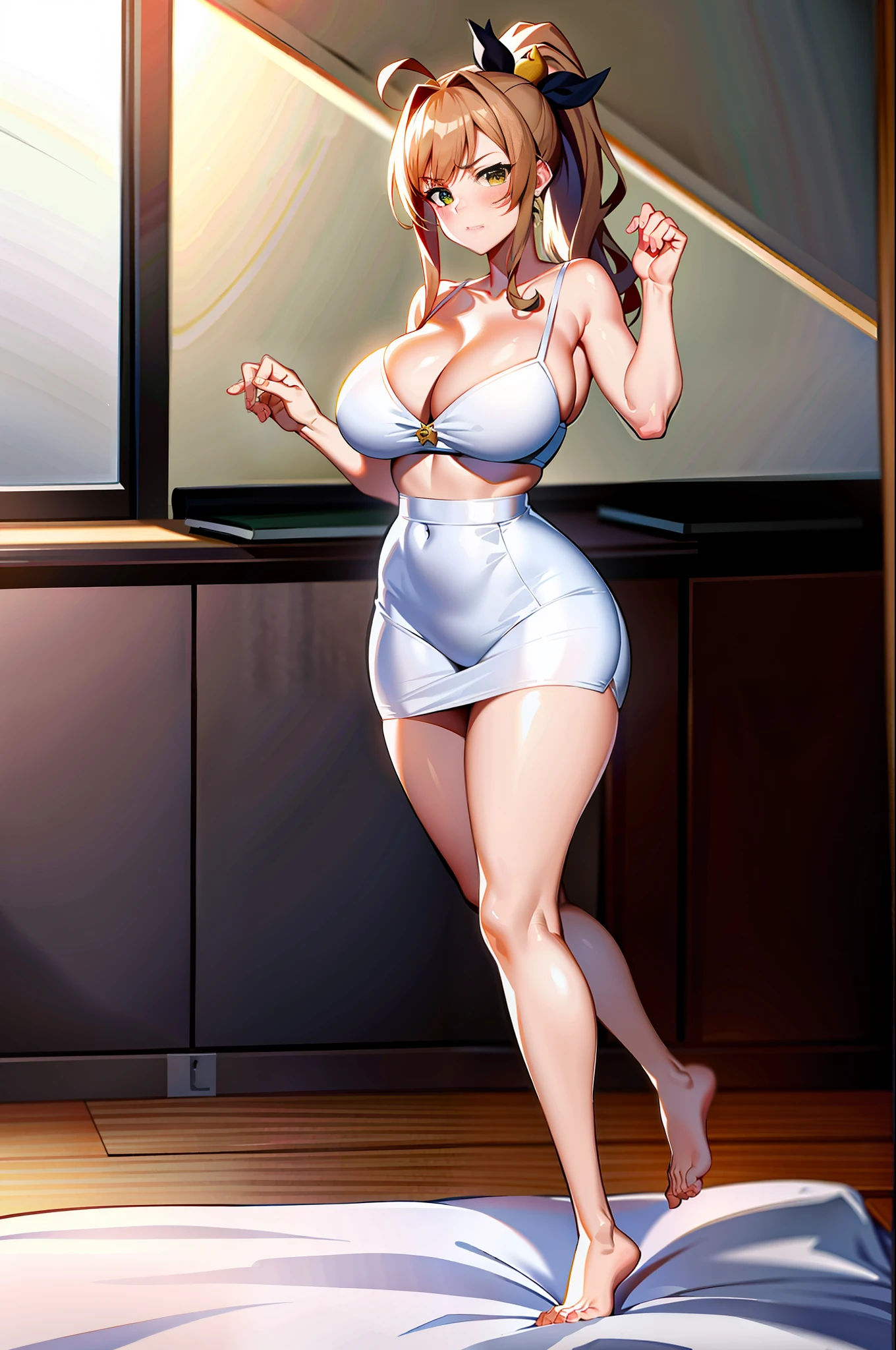 callidef, on bed, indoors, simple background, feet, ass, Masterpiece, best quality, 1 girl, photorealistic, (giant breasts: 1.3), school classroom, indoors, (thick hips: 1.2), (huge hips: 1.2), white shirt, pencil skirt, hips, garter straps, (ponytail: 1.3), (angry), (Venus: 1.3)