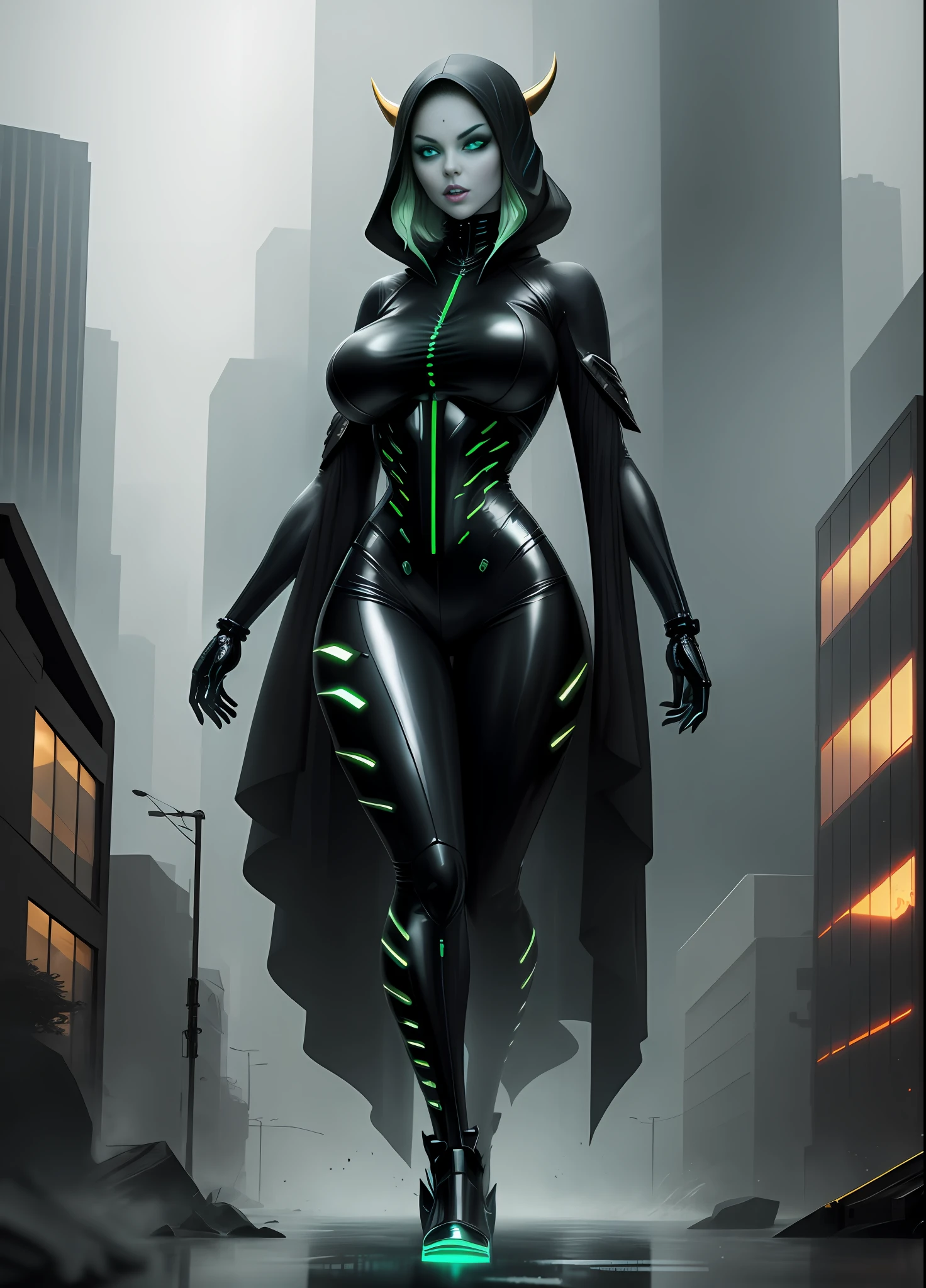 full body photo, 1 Woman/Zombie/Skeleton transformed into a humanoid mutant alien, immensely ?????????????, futuristic shoe, expressively evil look, all black futuristic alien outfit with gold details, with scales on the ?????, short green hair, blue eyes, makeup light on the face, exhibitionist, scenery of the city being attacked by alien ships exploding the buildings with heavy rain, her body and hair soaked in water, Futurism, anime,16k, UHD, masterpiece, ccurate, anatomically, super detail, award winning, highres