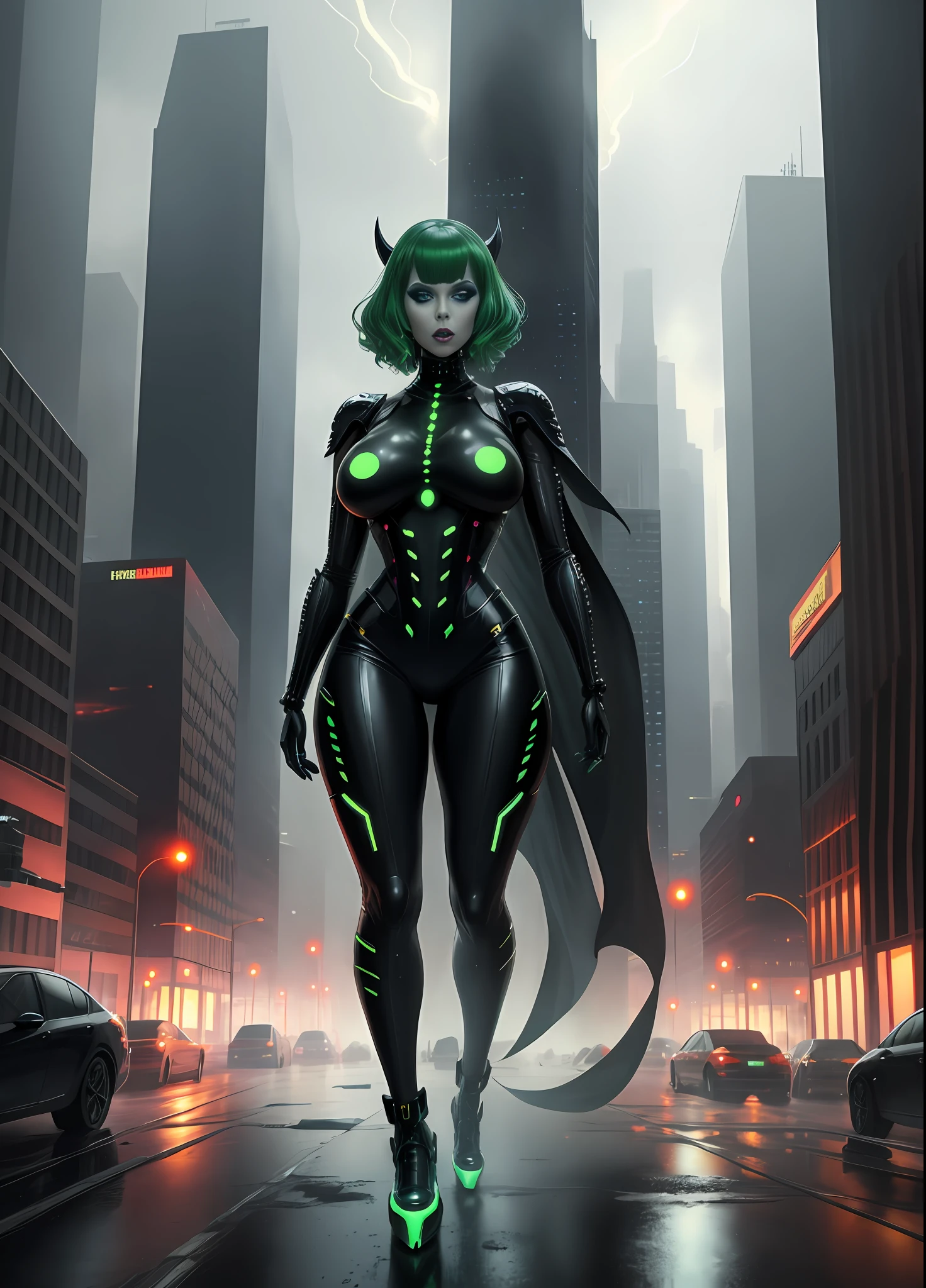 full body photo, 1 Woman/Zombie/Skeleton transformed into a humanoid mutant alien, immensely large breasts, futuristic shoe, expressively evil look, all black futuristic alien outfit with gold details, with scales on the chest, short green hair, blue eyes, makeup light on the face, exhibitionist, scenery of the city being attacked by alien ships exploding the buildings with heavy rain, her body and hair soaked in water, Futurism, anime,16k, UHD, masterpiece, ccurate, anatomically, super detail, award winning, highres