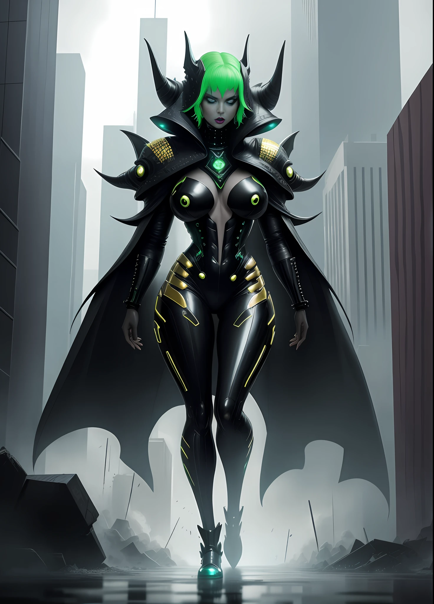 full body photo, 1 Woman/Zombie/Skeleton transformed into a humanoid mutant alien, immensely large breasts, futuristic shoe, expressively evil look, all black futuristic alien outfit with gold details, with scales on the chest, short green hair, blue eyes, makeup light on the face, exhibitionist, scenery of the city being attacked by alien ships exploding the buildings with heavy rain, her body and hair soaked in water, Futurism, anime,16k, UHD, masterpiece, ccurate, anatomically, super detail, award winning, highres