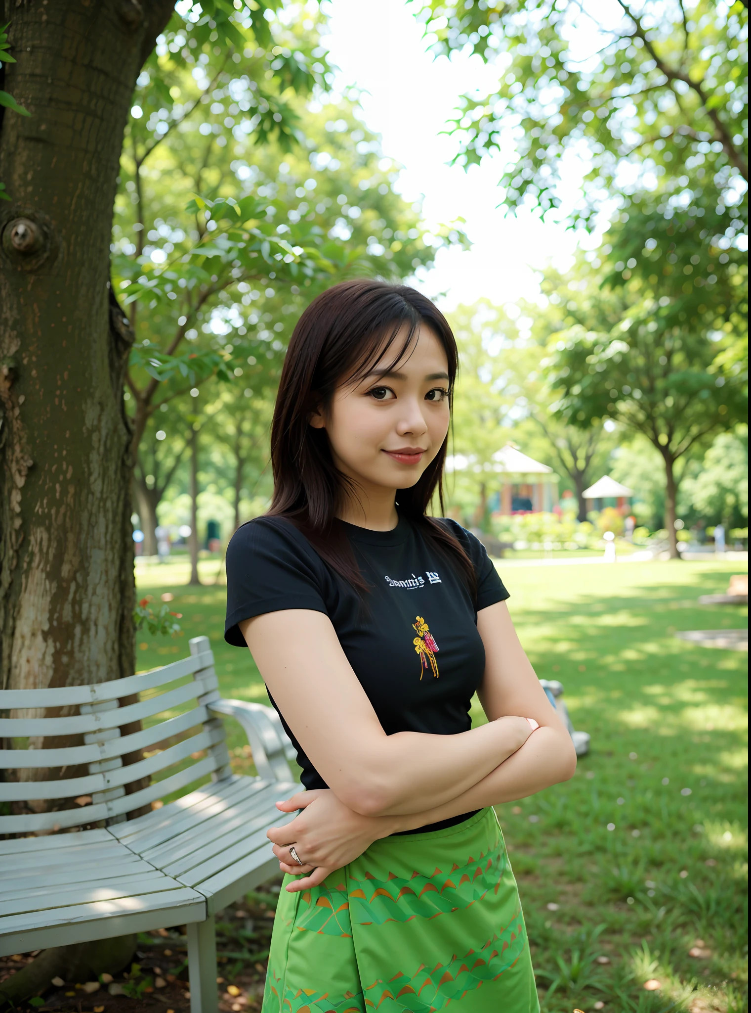 there is a woman standing in a park with her arms crossed, with a park in the background, nivanh chanthara, in a park, portait image, with a tree in the background, at a park, anime thai girl, photo taken with canon 5d, park in background, in a city park, slightly smiling