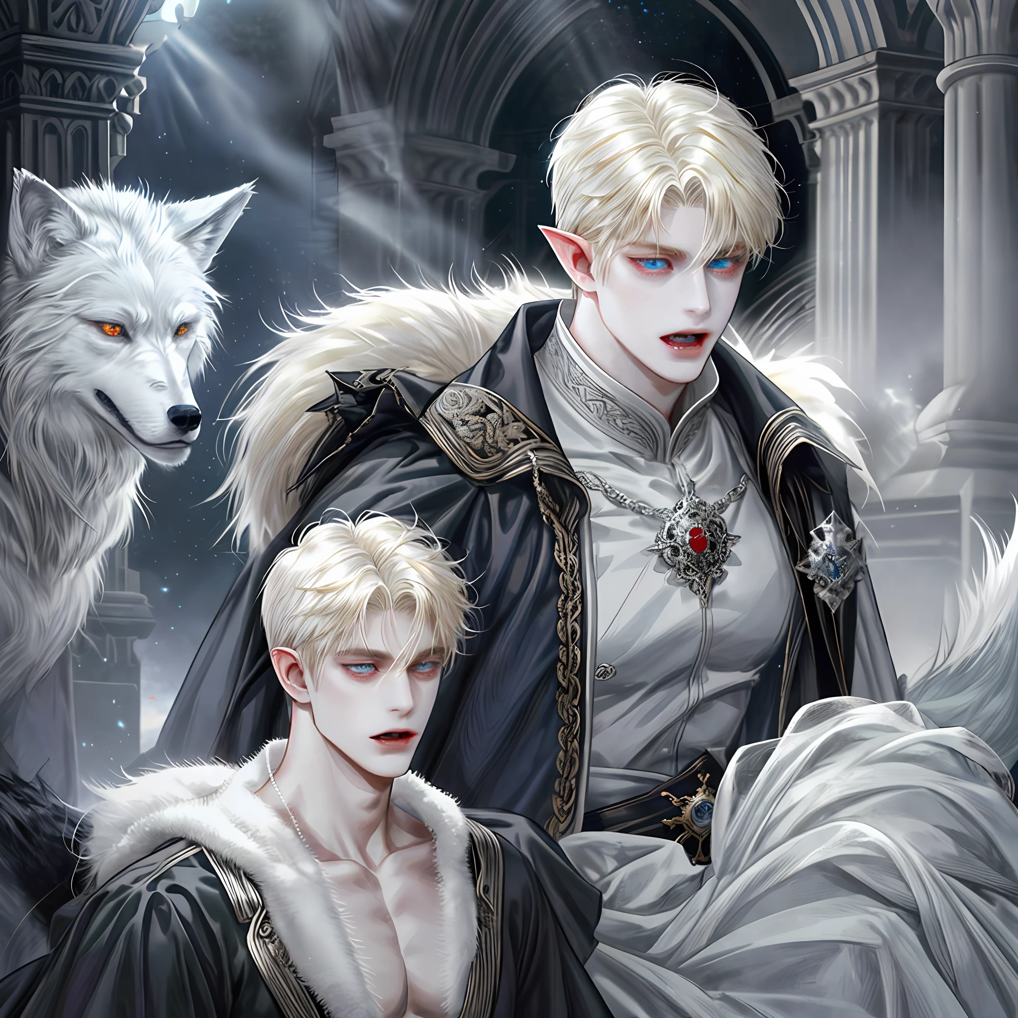 1 male, handsome, pale skinned, wolf ears, (24-year-old male figure), royal, light blonde hair (low hair), 1 blue eye, 1 red eye, open mouth (see sharp fangs), elf ears, waiting for a wolf tattoo on the left chest, nude, with a six-pack, muscles, background detail, castle, silver forest ma, dark black smoke vapor, evil power