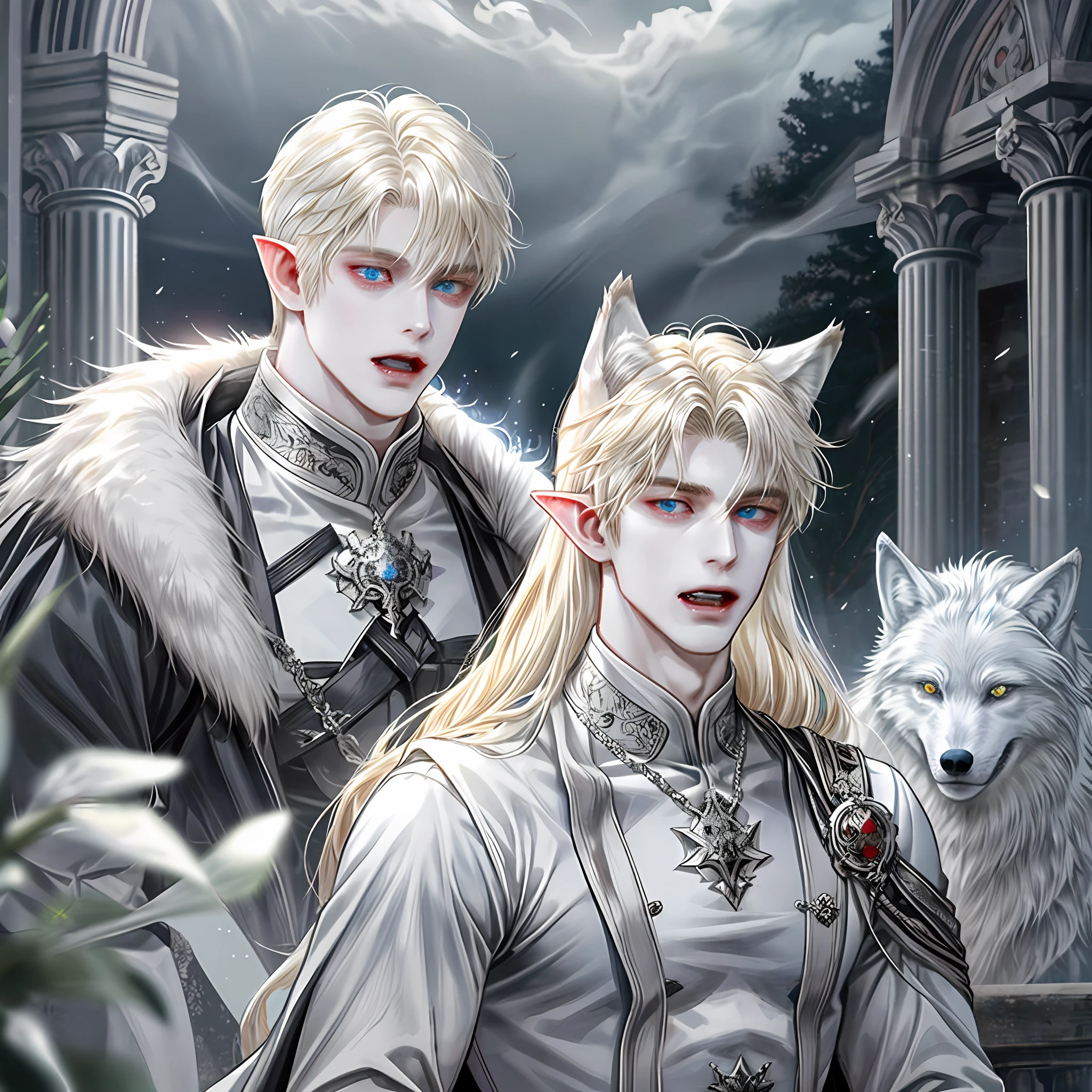 1 male, handsome, pale skinned, wolf ears, (24-year-old male figure), royal, light blonde hair (low hair), 1 blue eye, 1 red eye, open mouth (see sharp fangs), elf ears, waiting for a wolf tattoo on the left chest, nude, with a six-pack, muscles, background detail, castle, silver forest ma, dark black smoke vapor, evil power