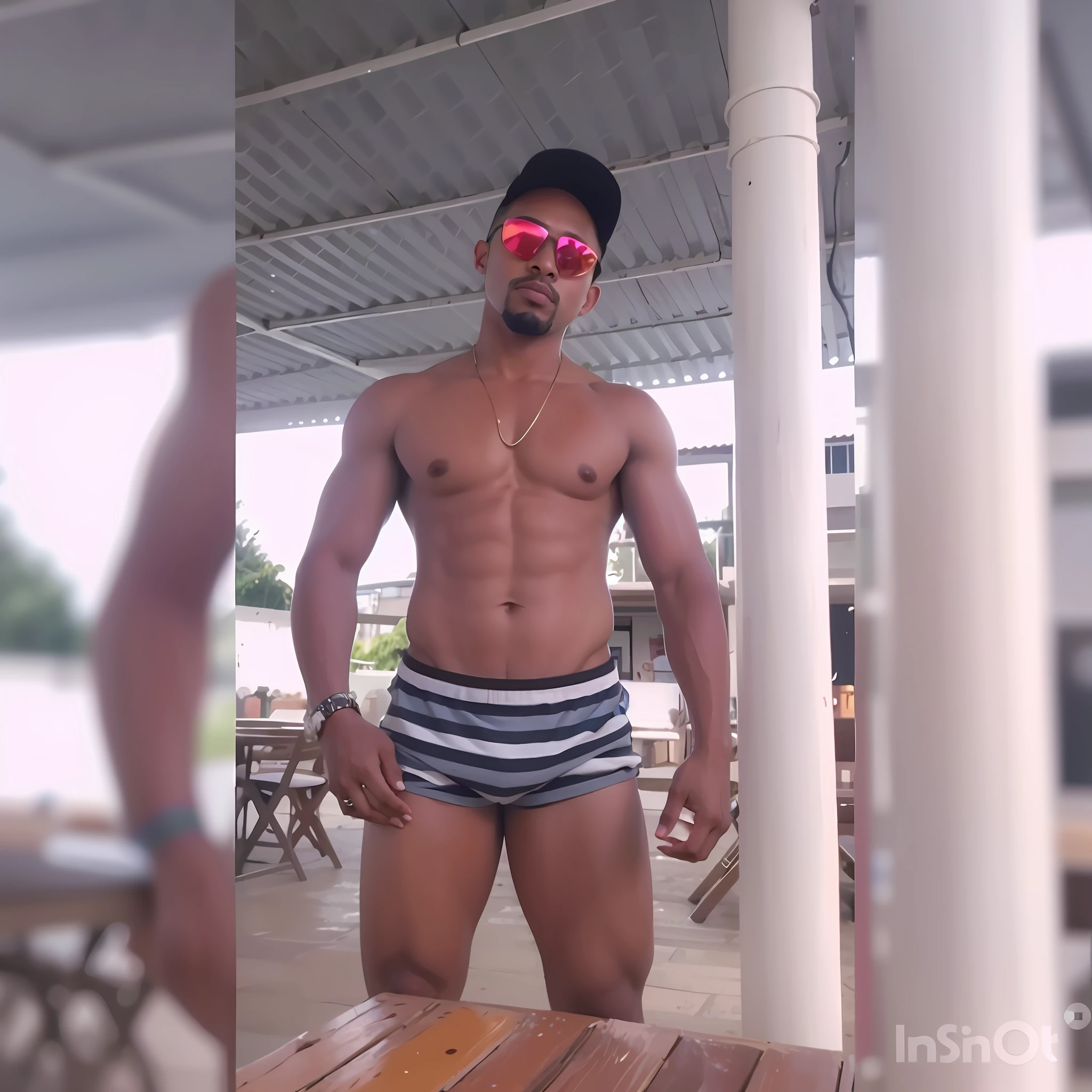 there is a man in striped underwear and sunglasses standing on a balcony, thong, sexy warm body, 2 7 years, perfect body, fit, | short, hot with bright sun, the photo extremely hot and sexy.
