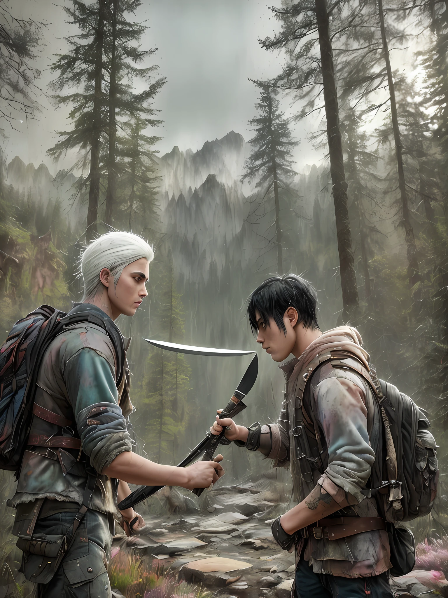 An adult with white hair knife, an adult with black hair axe, fighting, angry, 2 2 years, backpack, realistic epic, photo, faded, complex things around, forest background, soaked, neutral colors, (((((hdr)))), ((((soft colors)))), intricate scene, artistic station, intricate details, vignette