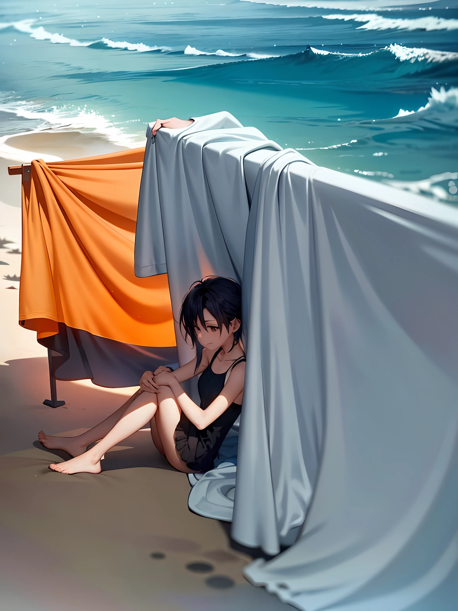 There is a girl sitting on the beach with a blanket on her knees, inspired by Chris La Bruy, relaxing concept art, Guvez style artwork, Chris La Bruy, inspired by Krenz Kusaud, Makoto Shinkai. Octane rendered, blue sea.