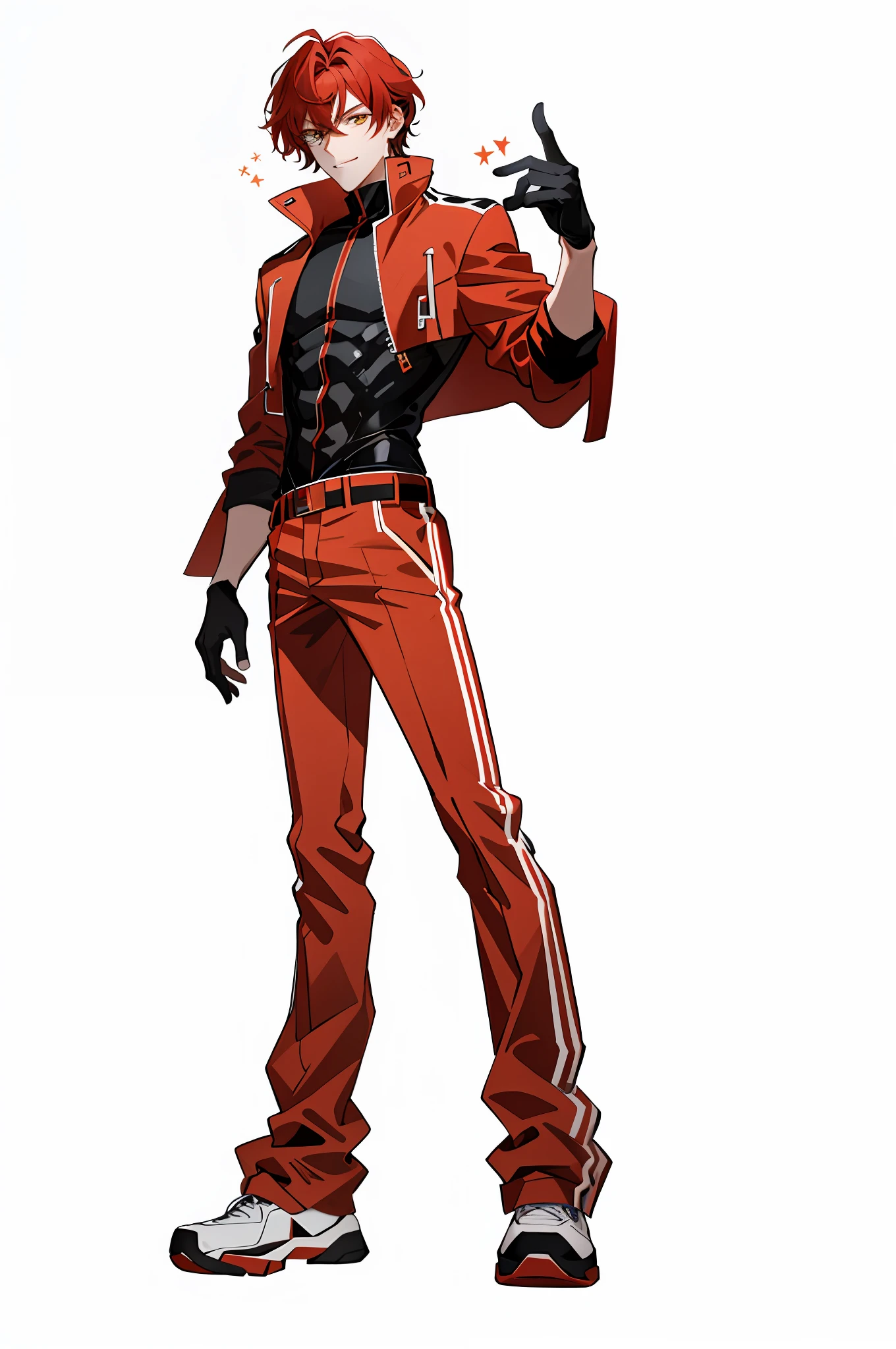1 boy, handsome, redhead, M bangs, comma hair, comma hair on forehead, Korean hair, red coat, red pants, red black and yellow sneakers, white background, glossy, rich color, dark color, yellow eyes, smiling, looking at the audience, full body, full body photo, full body character, full body standing painting, a red-haired handsome guy, unique comma hair, wearing black underwear and red coat, white background, his golden eyes looking at the audience