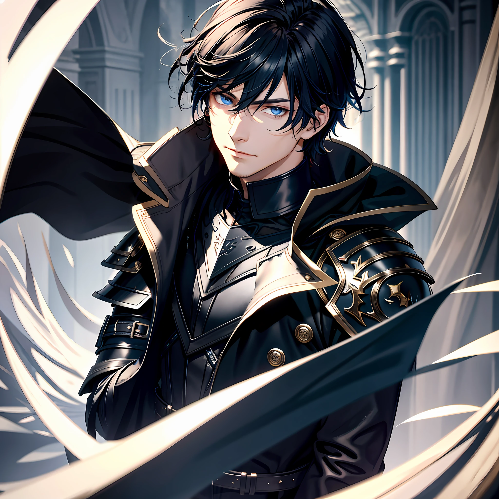 masterpiece, best quality, 1man, adult, male focus, solo, medium black hair, vibrant black eyes, looking at viewer, cape, High quality metal texture, overcoat, closed mouth, upper body, bangs, high collar,(kbxll:0.6), Fantasy aesthetics, Highly detailed, shadowverse style, semi metal armor, metalic black gloves