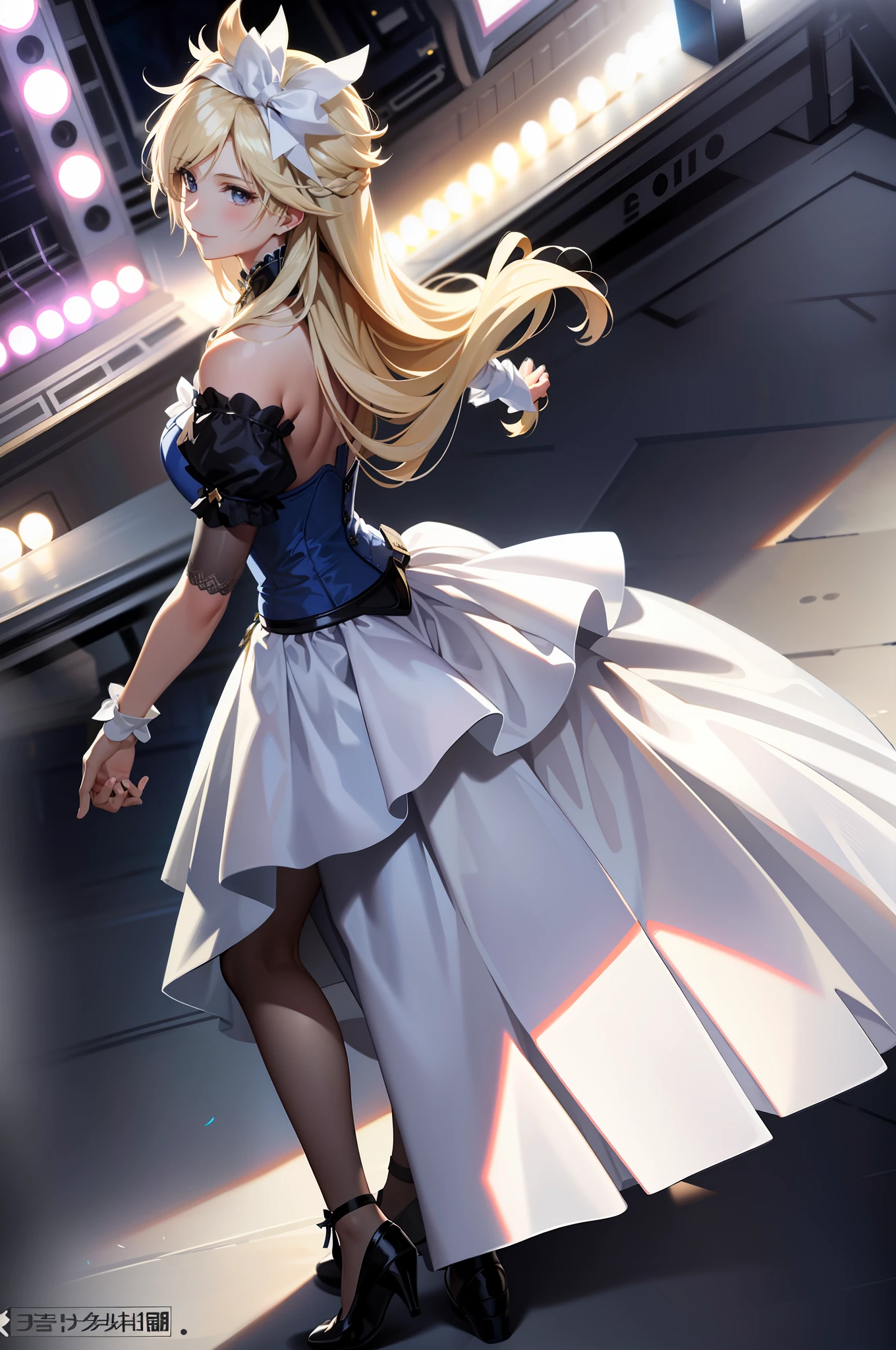 Masterpiece, best quality, cloud clash, crossdressing, long hair, male focus, pure white bridal dress, hair bow, smile, beautiful face, looking at the audience, white stockings, flowers in hand, pseudonym, face depicted meticulously, white stockings shiny