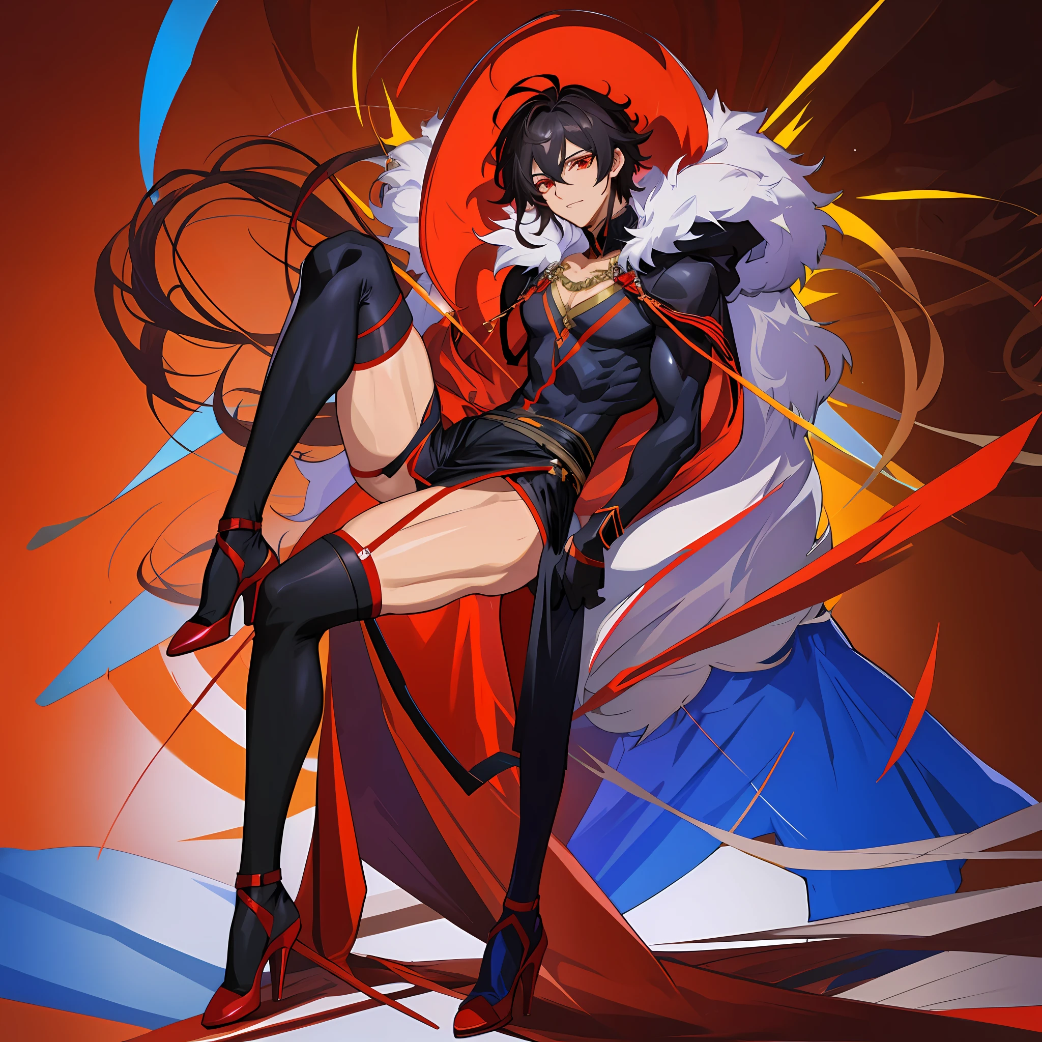 A boy, toned, big black messy hair, extremely bright red eyes, masterpiece, vibrant, nectar bulge, slim dark black hoodie, full body view, female face, black stockings, high heels, masculinity, handsome