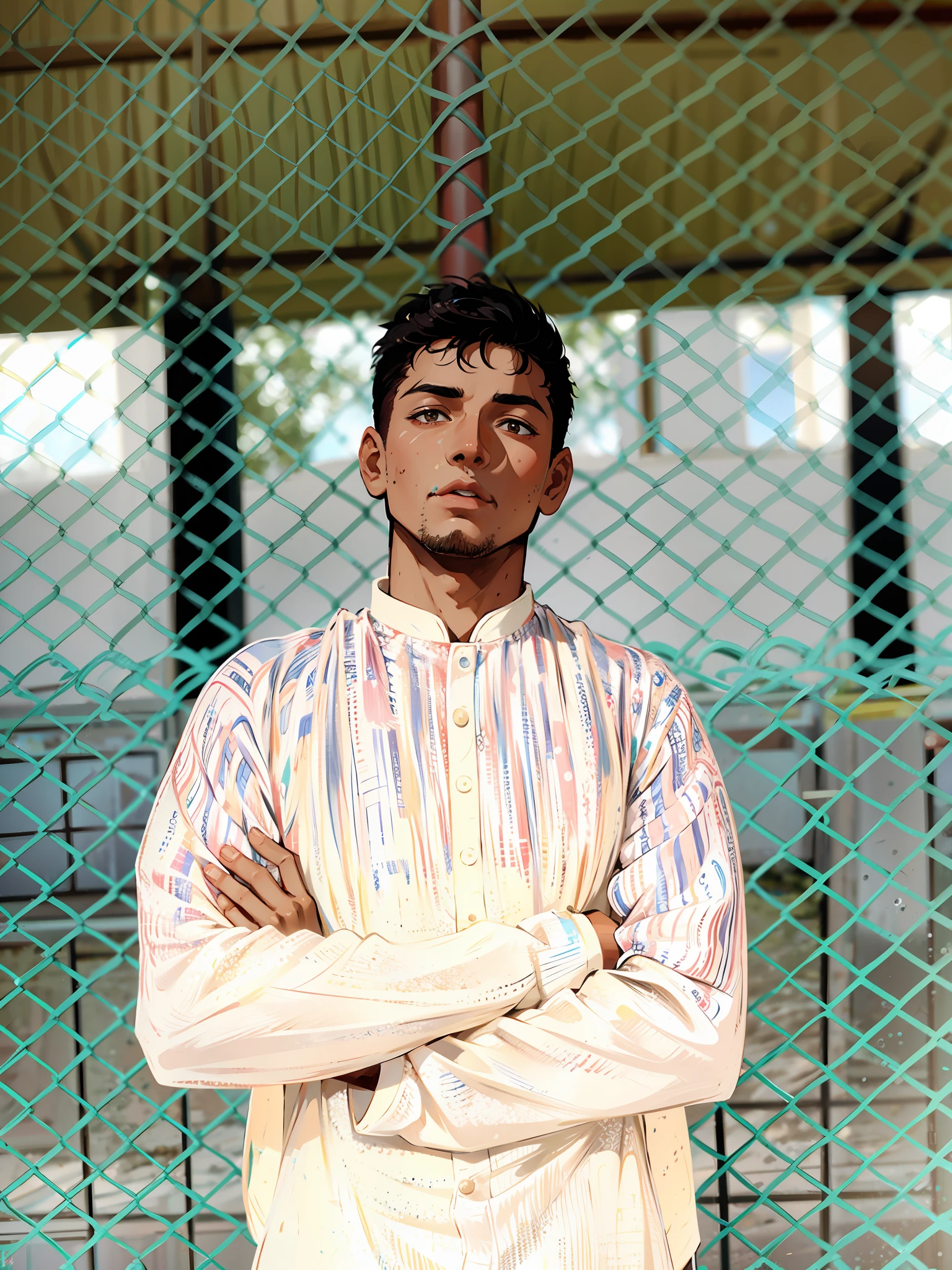 (masterpiece),(best quality:1.0), (ultra highres:1.0), detailed illustration, 8k, 1boy, anime boy, wearing punjabi,, detailed face, perfect face, anime eyes, detailed eyes, dark brown eyes, detailed hair, highlights in hair, sunny, day time, highly detailed, anime style, vibrant