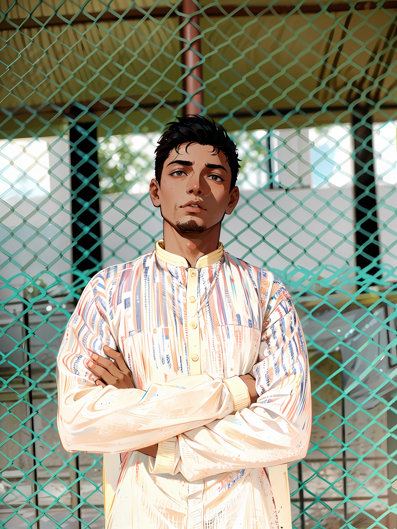 (masterpiece),(best quality:1.0), (ultra highres:1.0), detailed illustration, 8k, 1boy, anime boy, wearing punjabi,, detailed face, perfect face, anime eyes, detailed eyes, dark brown eyes, detailed hair, highlights in hair, sunny, day time, highly detailed, anime style, vibrant