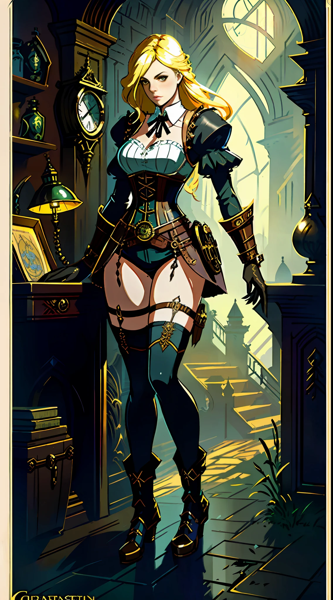 Beautiful woman in fantasy clothes, yellow hair, beautiful figure, corset, stockings, fantasy scene, steampunk elements, steampunk in clothes, like Greg Rutkowski illustration, drawing in the style of Greg Rutkowski
