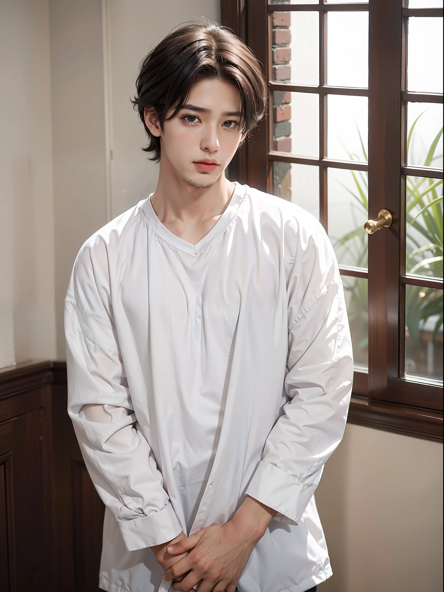 (male:1.2), masterpiece, photorealistic, the most beautiful boy, looking at the viewer, thin, in white clothes and sad look,