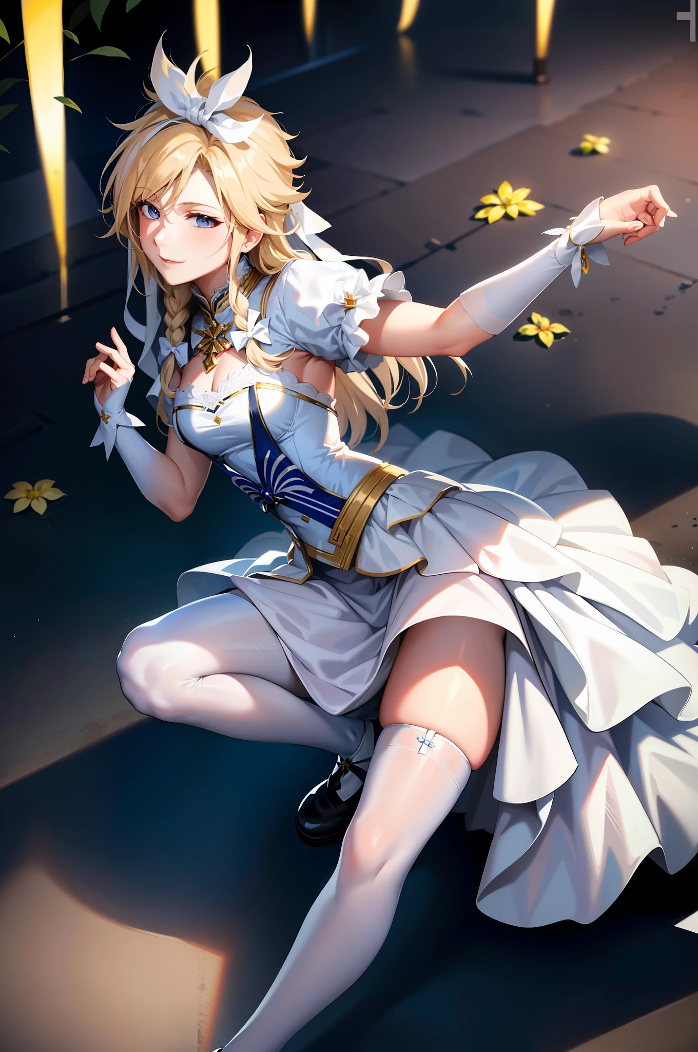 Masterpiece, best quality, cloud clash, crossdressing, long hair, male focus, pure white bridal dress, hair bow, smile, beautiful face, looking at the audience, white stockings, flowers in hand, pseudonym, face depicted meticulously, white stockings shiny