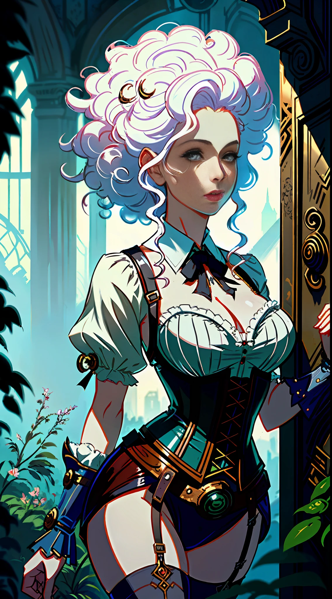 Beautiful woman in fantasy clothes, white curly hair, beautiful figure, corset, stockings, fantasy scene, steampunk elements, steampunk in clothes, like Greg Rutkowski illustration, drawing in the style of Greg Rutkowski