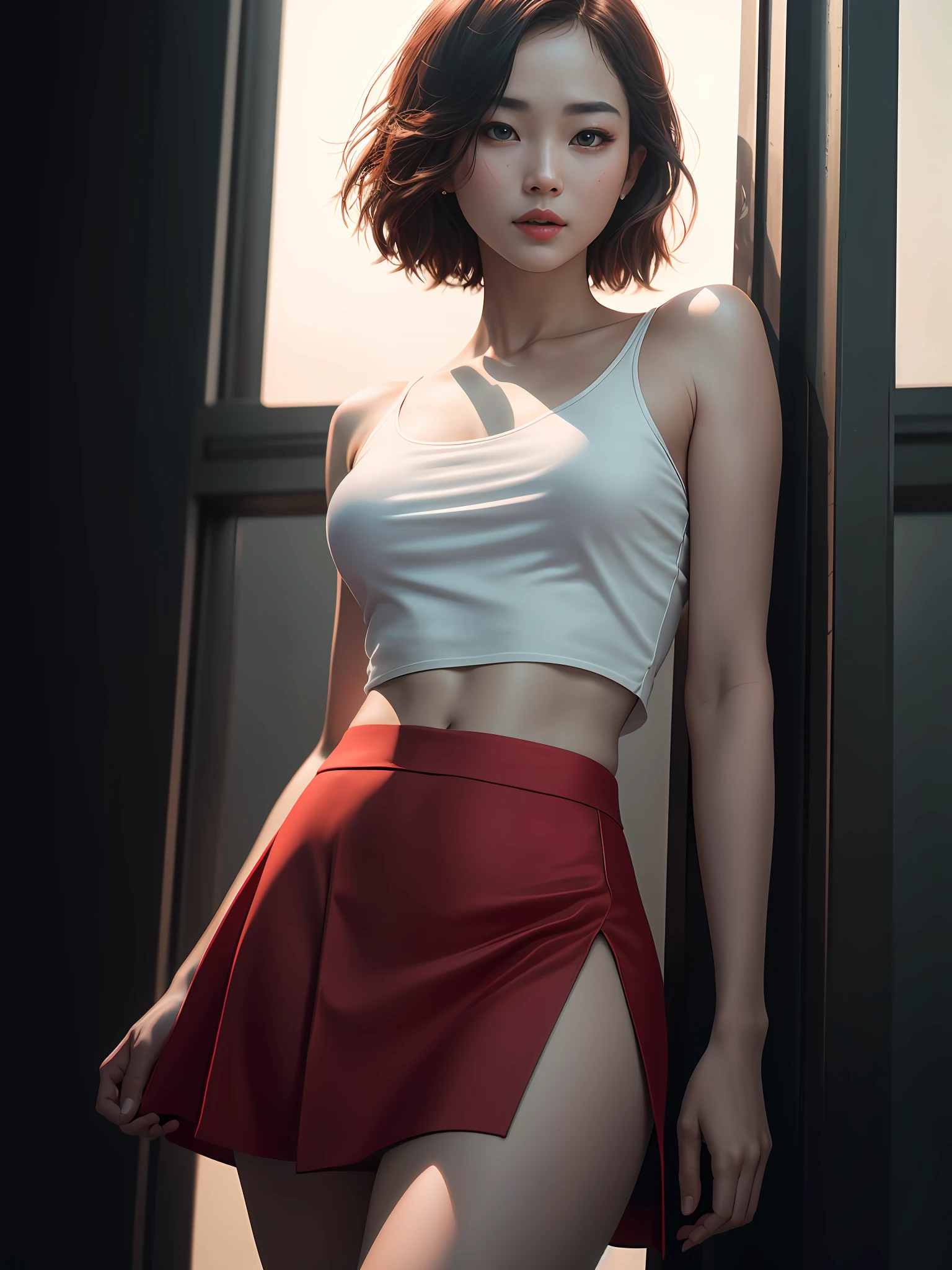 kpop idol, beautiful Korean girl, (white crop top and (red silk skirt:1. 3)), beautiful detailed eyes, (medium length hair), (small breasts), (eyelashes:1. 1), (aegyo sal:1), ((8k, RAW photo, highest quality, masterpiece), High detail RAW color photo professional photo, (realistic, photorealism:1. 5), (highest quality), (best shadow), (best illustration), ultra high resolution, highly detailed CG unified 8K wallpapers, physics-based rendering, cinematic lighting), photorealistic, photo, masterpiece, realistic, realism, photorealism, high contrast, photorealistic digital art trending on Artstation 8k HD high definition detailed realistic, detailed, skin texture, hyper detailed, realistic skin texture, armature, best quality, ultra high res, (photorealistic:1. 4), high resolution, detailed, raw photo, sharp re, by lee jeffries nikon d850 film stock photograph 4 kodak portra 400 camera f1. 6 lens rich colors hyper realistic lifelike texture dramatic lighting unreal engine trending on artstation cinestill 800