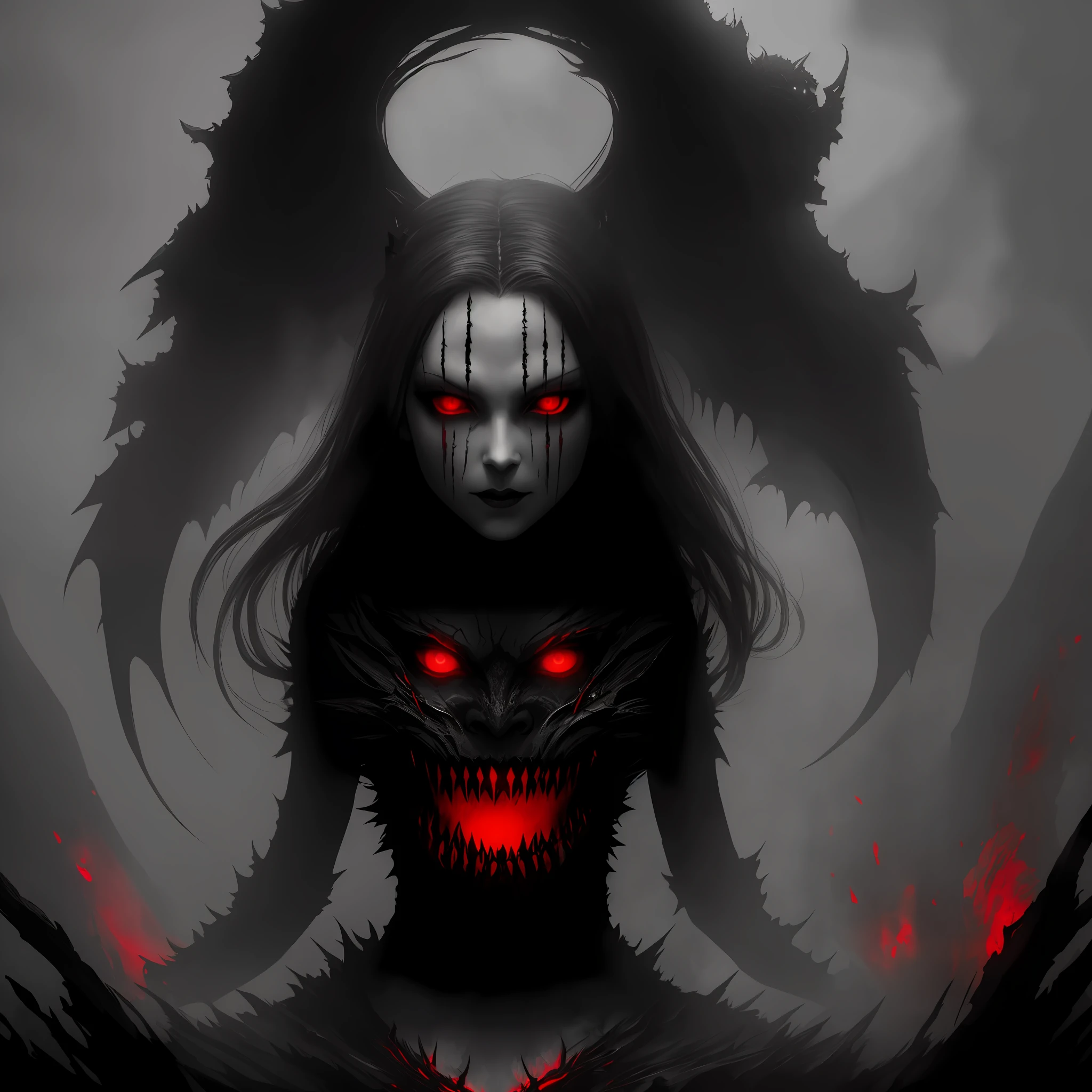 a close up of a demonic woman with red eyes and a demon face, with red glowing eyes, demon girl, with glowing red eyes, demon woman, dark fantasy horror art, demonic creature, evil smile and glowing eyes, demonic monster, in style of dark fantasy art, an ominous fantasy illustration, fantasy horror art, dark fantasy style art, red glowing eyes