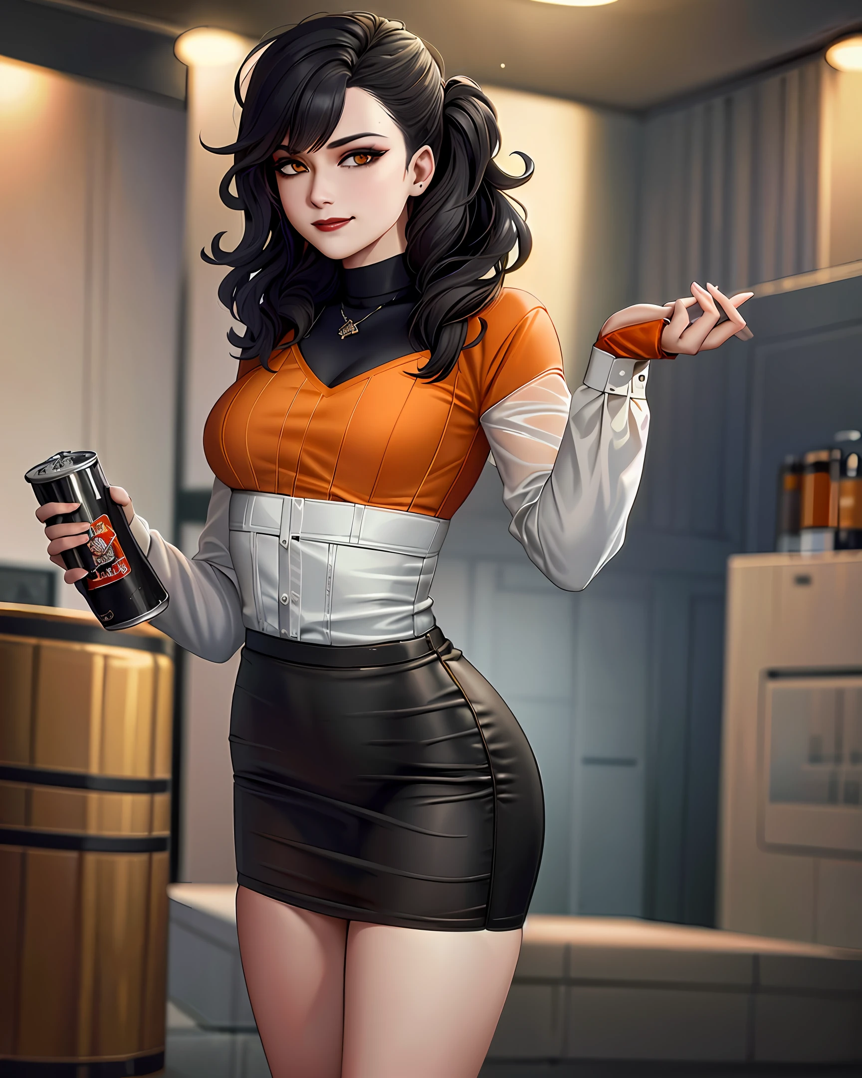 Best quality, realistic, award-winning illustration, (complicated detail: 1.2), (fine detail), (complicated detail), (cinematic lights, best quality), sharp lines, sharp focus, official art, 16k, A beautiful woman smiling, perfect face, (detailed face: 1.2), (medium soft black hair), (messy hair), wearing lipstick, (medium body: 1.3), wearing black and orange cap, splash graphite background, splash dulce de leche, (holding a can of beer:  1.3), a beautiful young boss, wearing black shirt with orange, wearing leather skirt, character design by Tibor Czorba, winner of the contest behance, les nabis, behance hd, studio photography, 16k, white background.