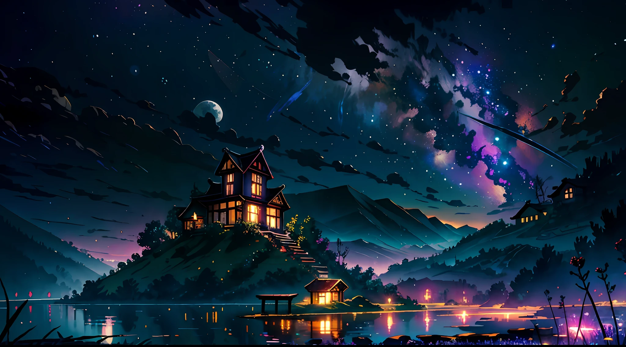 ight scene with a some house and a lake in the foreground, calm night. digital illustration, vietnam, ha giang city, terraces, night, moon light, full moon, cloud, expansive landscape photograph , (a view from below that shows sky above and open field below), a cat standing on flower field looking up, (full moon:1.2), ( shooting stars:0.9), (nebula:1.3), distant mountain, tree BREAK
production art, (warm light source:1.2), (Firefly:1.2), lamp, lot of purple and orange, intricate details, volumetric lighting BREAK
(masterpiece:1.2), (best quality), 4k, ultra-detailed, (dynamic composition:1.4), highly detailed, colorful details,( iridescent colors:1.2), (glowing lighting, atmospheric lighting), dreamy, magical, (solo:1.2)