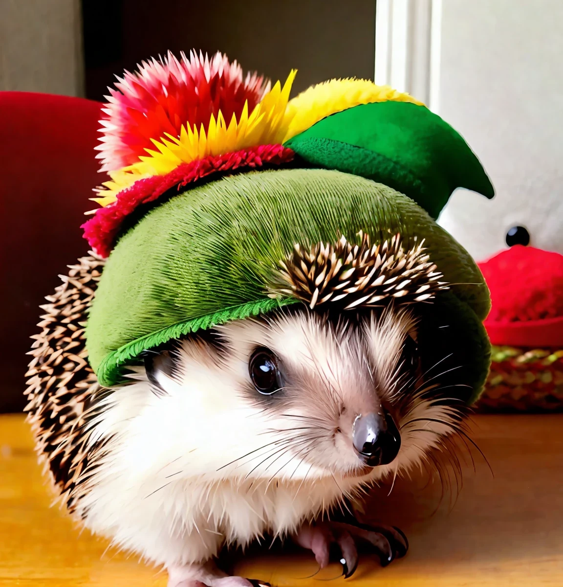 Hedgehog in a parrot hat