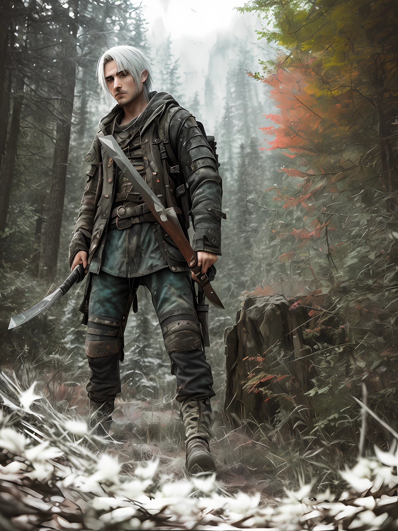 An adult with white hair with knife, an adult with black hair axe, duel, angry, 2 2 years, backpack, realistic epic, photo, faded, complex things around, forest background, soaked, neutral colors, (((((hdr)))), ((((soft colors)))), intricate scene, artistic station, intricate details, vignette