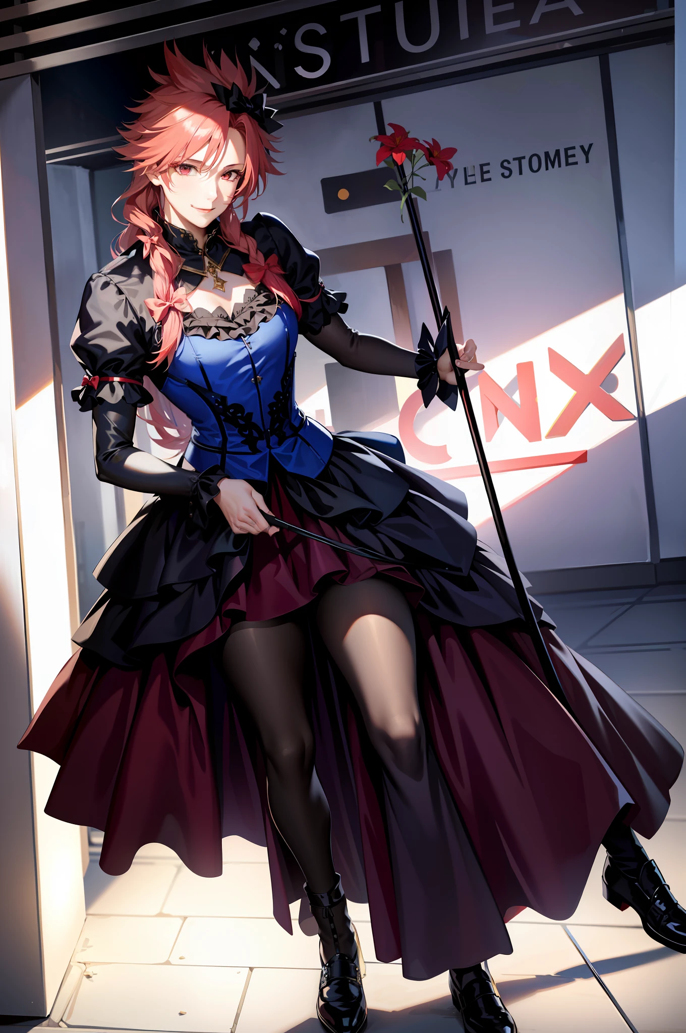 Masterpiece, best quality, cloud clash, crossdressing, long hair, male focus, red noble dress, hair bow, smile, beautiful face, looking at the audience, red stockings, holding flowers, pseudonym, face depicted meticulously, red stockings shiny