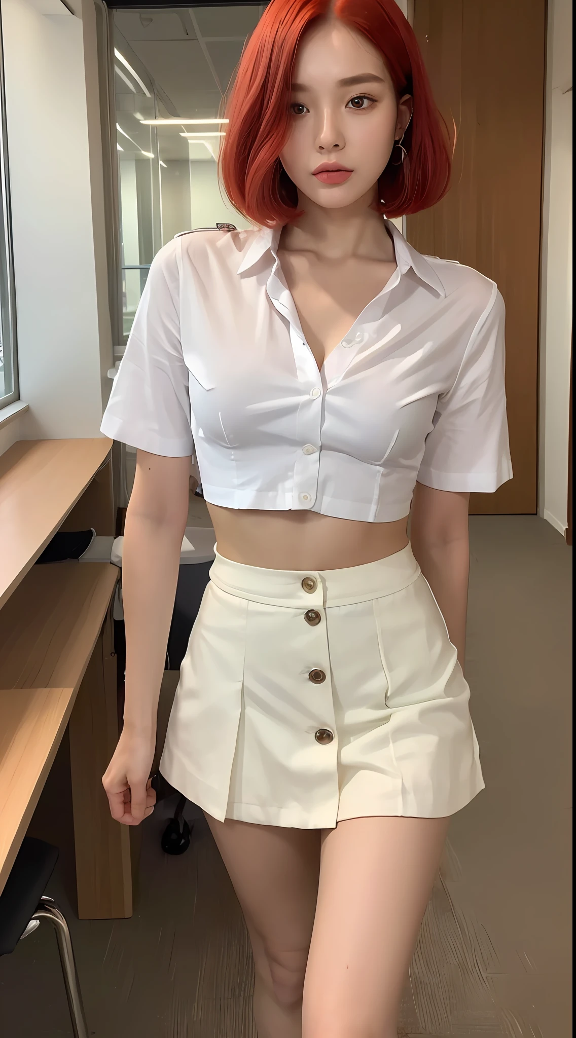((Best quality, 8k, Masterpiece :1.3)), Sharp focus :1.2, A pretty woman with perfect figure :1.4, Slender abs :1.2, ((red bob hair, small breasts :1.2)), (high heels,White button up office short skirt :1.1), cinema view:1.2, Highly detailed face and skin texture, Detailed eyes, Double eyelid